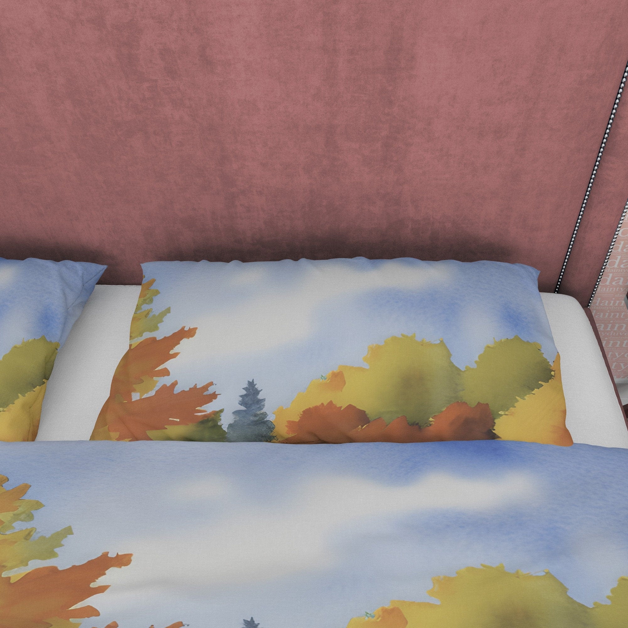 Blue Sky Fall Trees Reflection Duvet Cover Autumn Bedding Set, Warm Autumn Colors Printed Quilt Cover, Foliage Bedspread