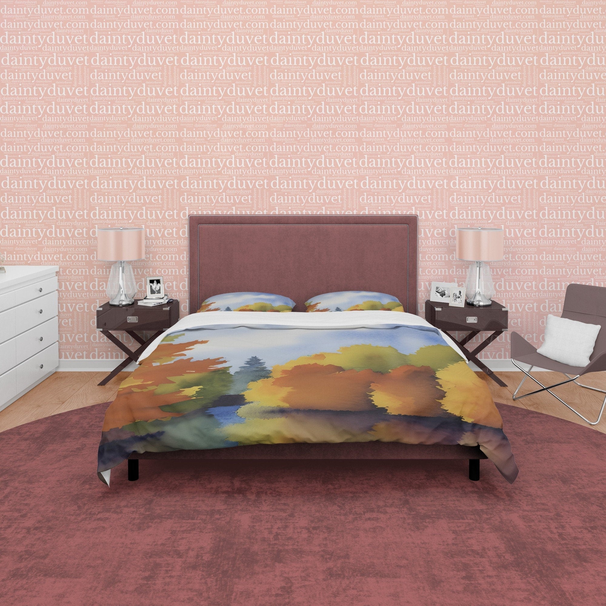 Blue Sky Fall Trees Reflection Duvet Cover Autumn Bedding Set, Warm Autumn Colors Printed Quilt Cover, Foliage Bedspread