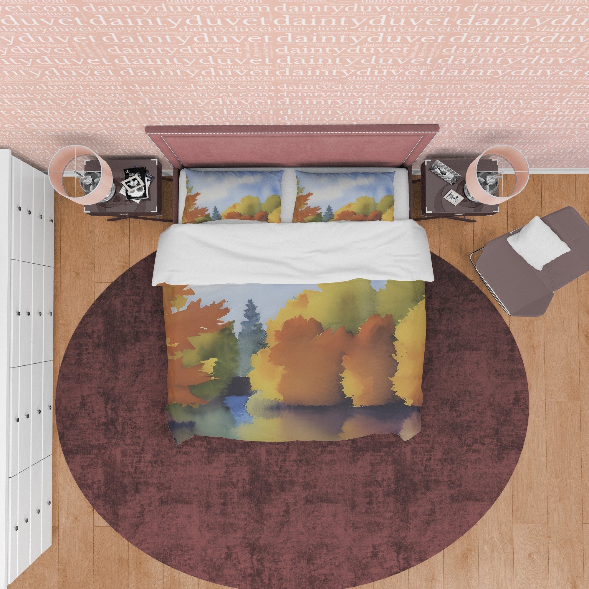 Blue Sky Fall Trees Reflection Duvet Cover Autumn Bedding Set, Warm Autumn Colors Printed Quilt Cover, Foliage Bedspread