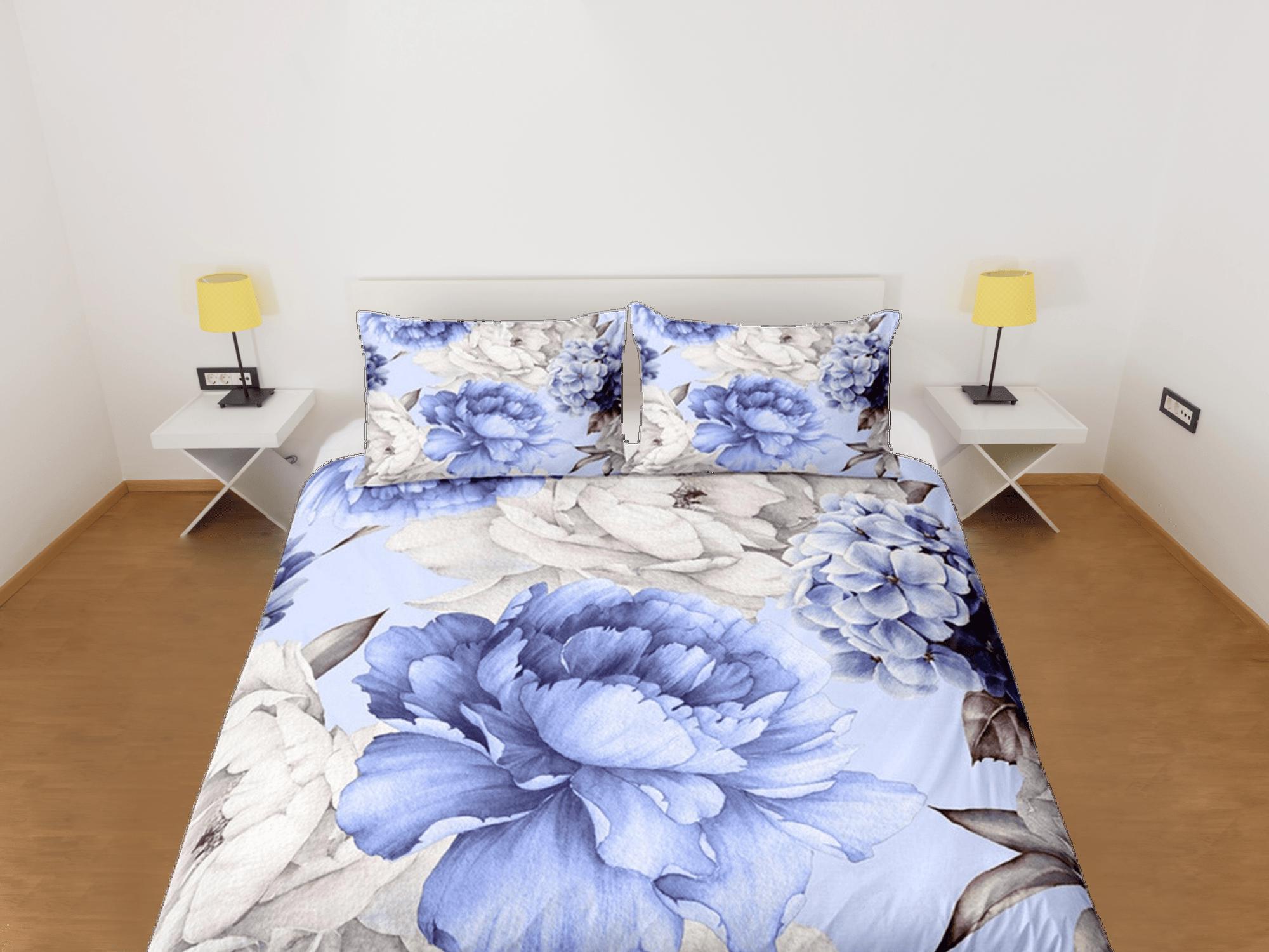 daintyduvet Blue & White Peony Blue Duvet Cover Set, Floral Bedspread Dorm Bedding Set
