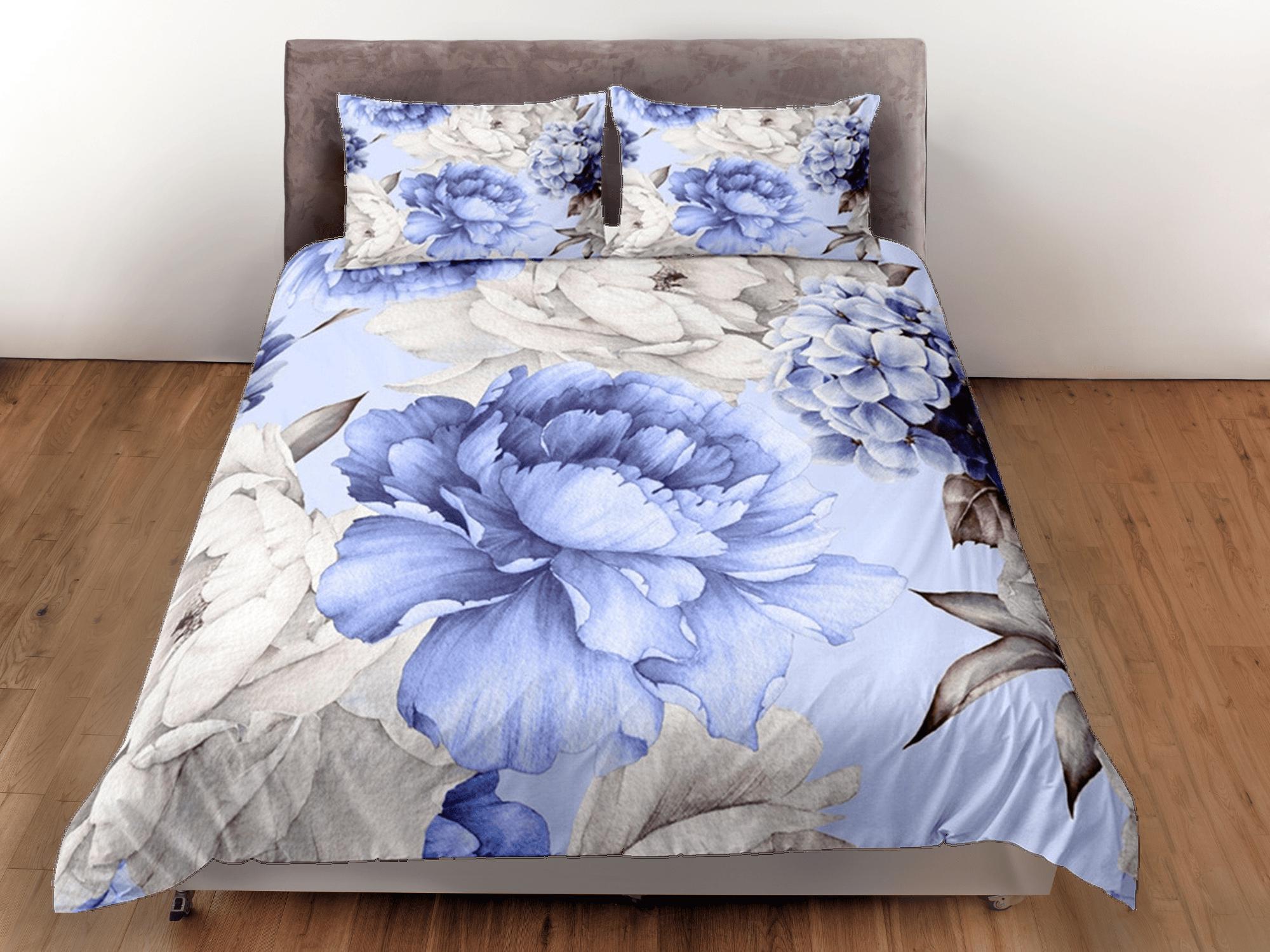 daintyduvet Blue & White Peony Blue Duvet Cover Set, Floral Bedspread Dorm Bedding Set