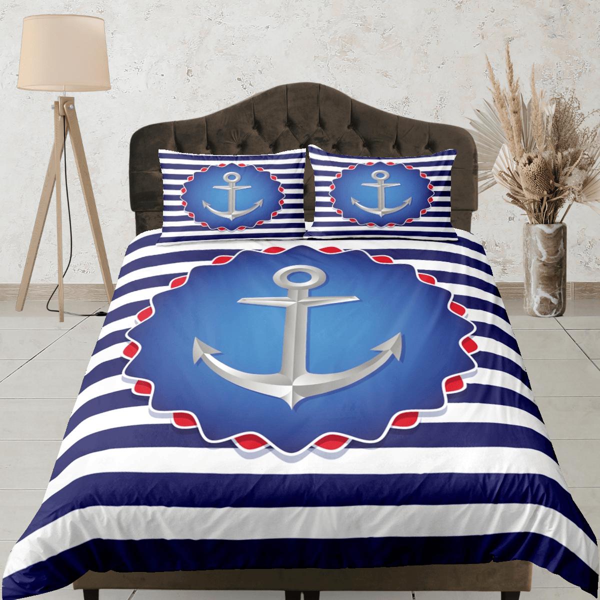daintyduvet Blue white stripe anchor decor duvet cover coastal grandma nautical bedding set full queen king, aesthetic room decor, seaman gift