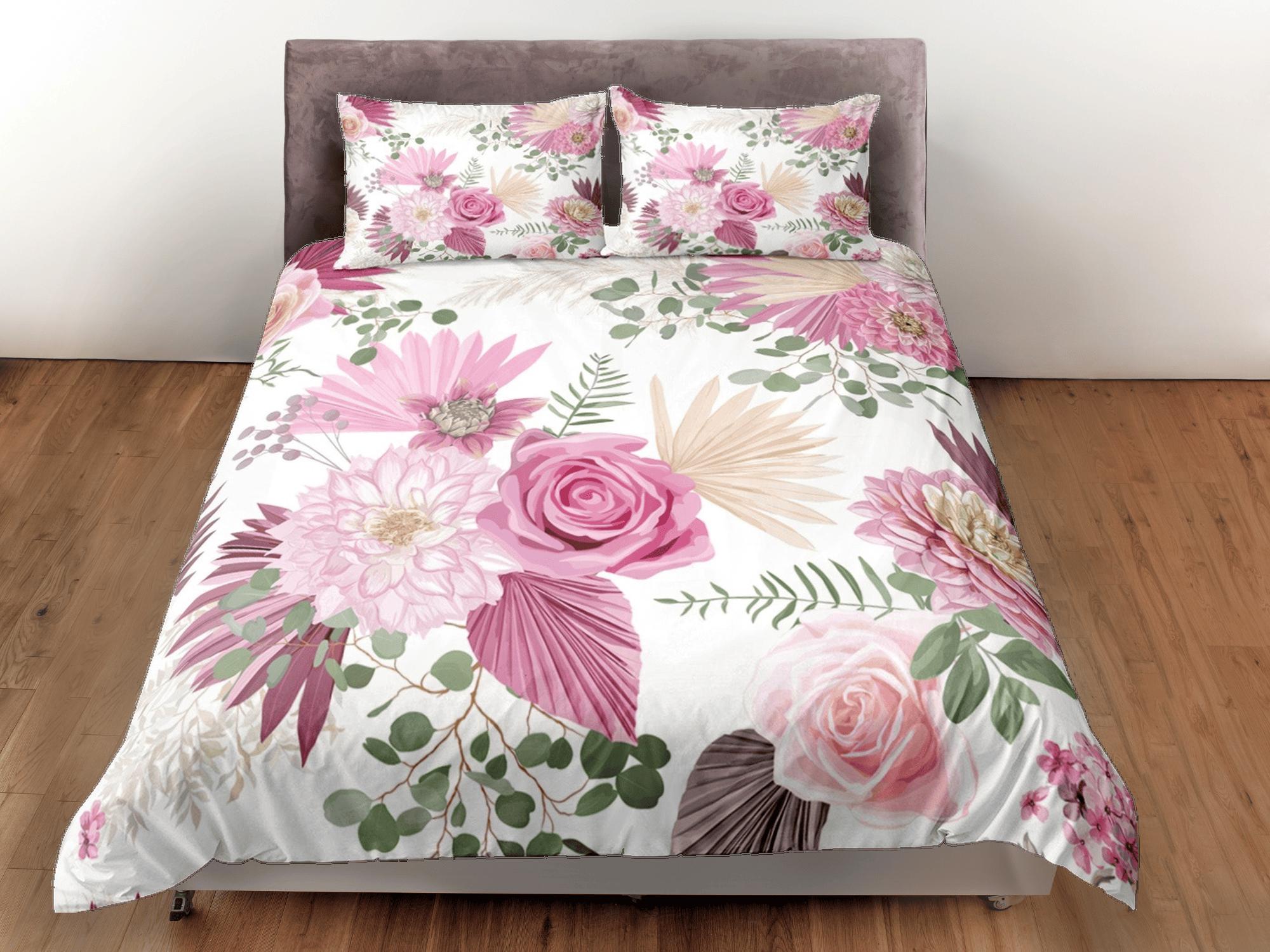 daintyduvet Bohemian pink roses and camelia duvet cover colorful bedding, teen girl bedroom, baby girl crib bedding boho maximalist bedspread aesthetic