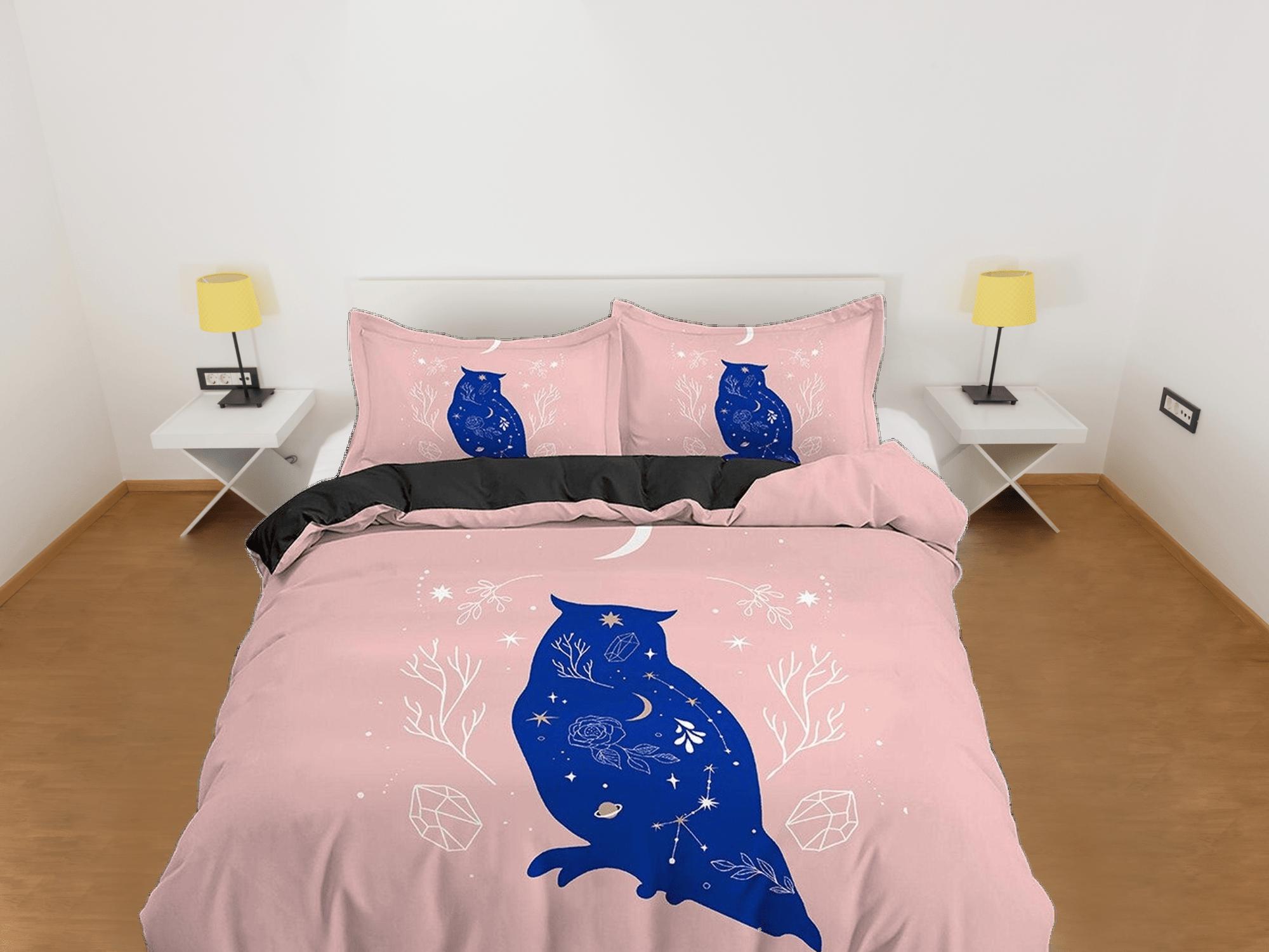 daintyduvet Boho Bedding Beige Pink, Duvet Cover Set with Blue Owl and Stars Celestial, Dorm Bedding, Aesthetic Bed Cover King Queen Full Twin Single