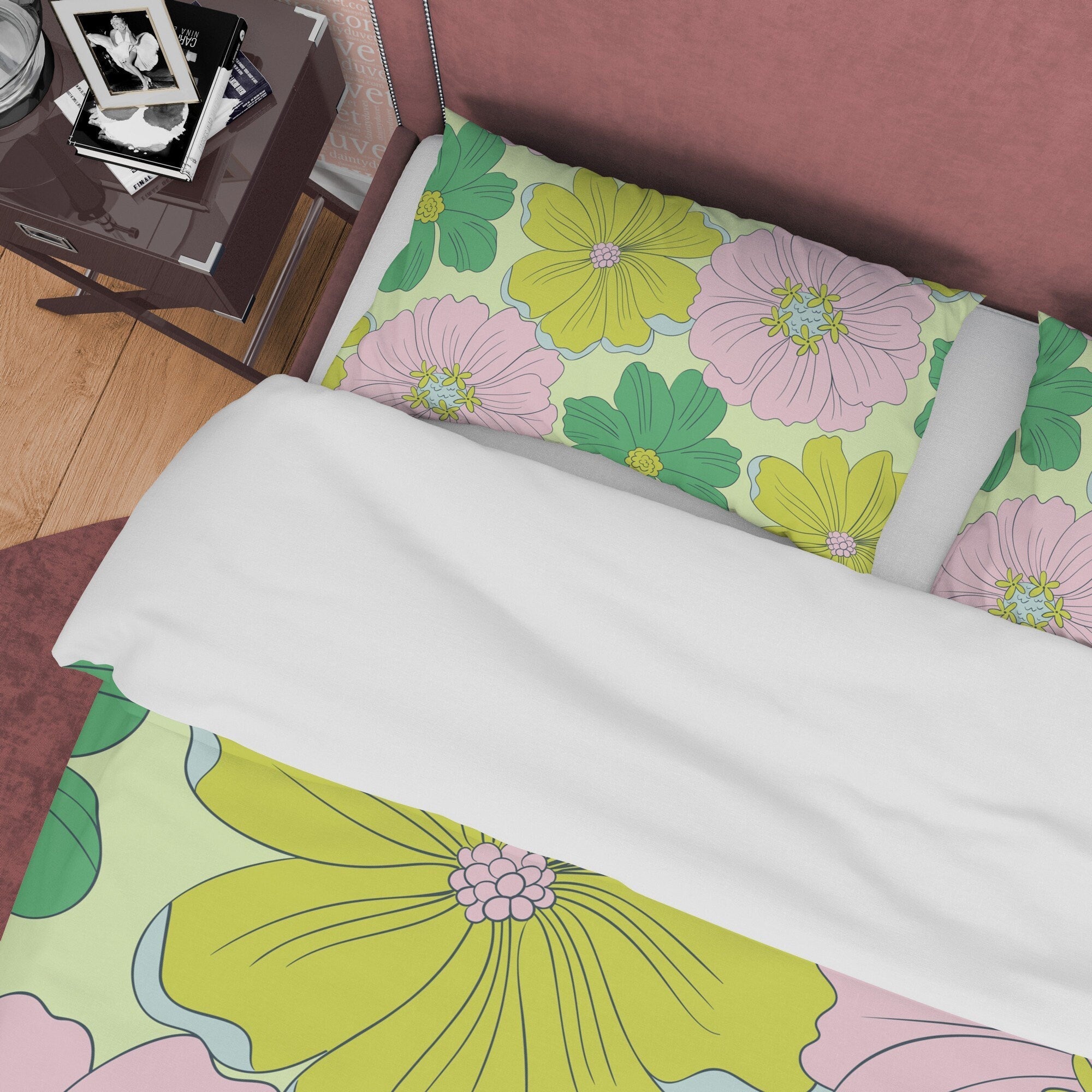 Boho Bedding Colorful Duvet Cover Bohemian Bedroom Set, Green Pink Floral Quilt Cover, Aesthetic Bedspread, Bright Color Unique Room Decor