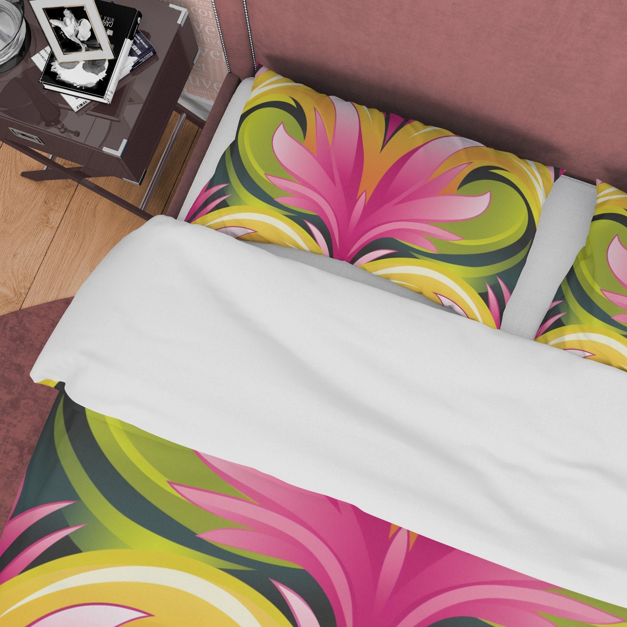 Boho Bedding Colorful Duvet Cover Pink Floral Quilt Cover, Bohemian Bedroom Set, Aesthetic Bedspread, Bright Color Unique Room Decor