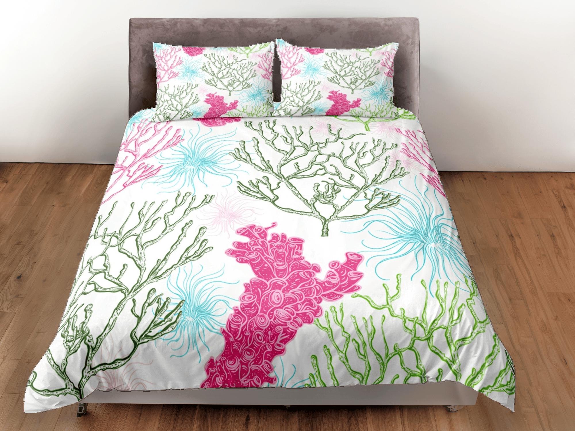 daintyduvet Boho dainty corals coastal grandma duvet cover nautical bedding set full queen king, aesthetic beach room decor, ocean lover gift seaman