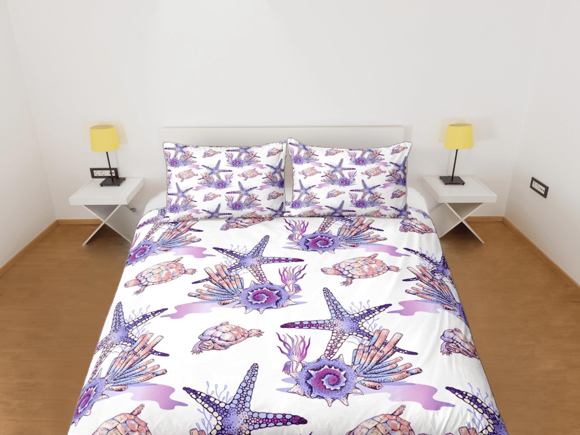 daintyduvet Boho purple starfish corals coastal grandma duvet cover ocean blush bedding set full queen king, aesthetic room decor, gift for beach lovers