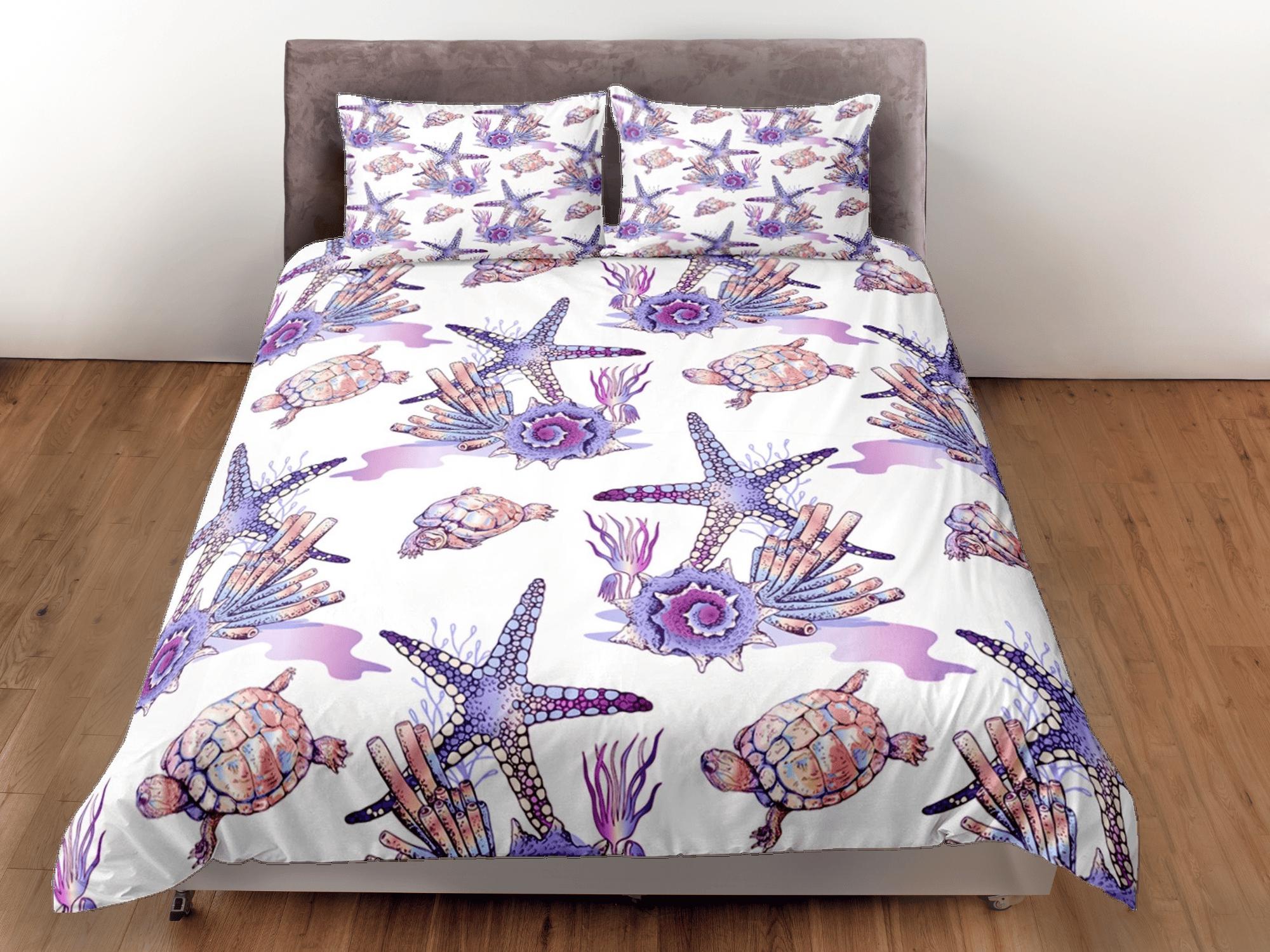 daintyduvet Boho purple starfish corals coastal grandma duvet cover ocean blush bedding set full queen king, aesthetic room decor, gift for beach lovers