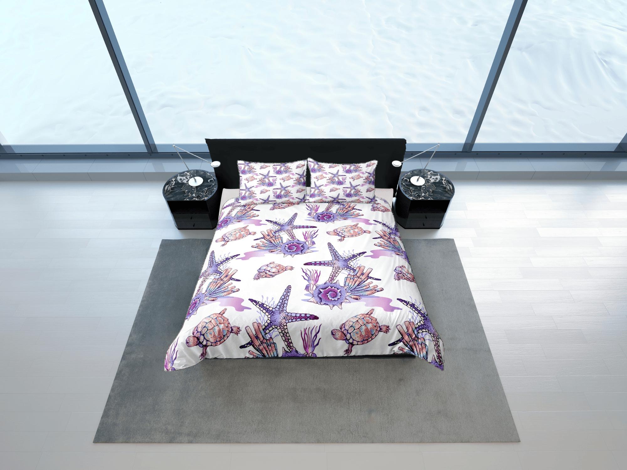 daintyduvet Boho purple starfish corals coastal grandma duvet cover ocean blush bedding set full queen king, aesthetic room decor, gift for beach lovers