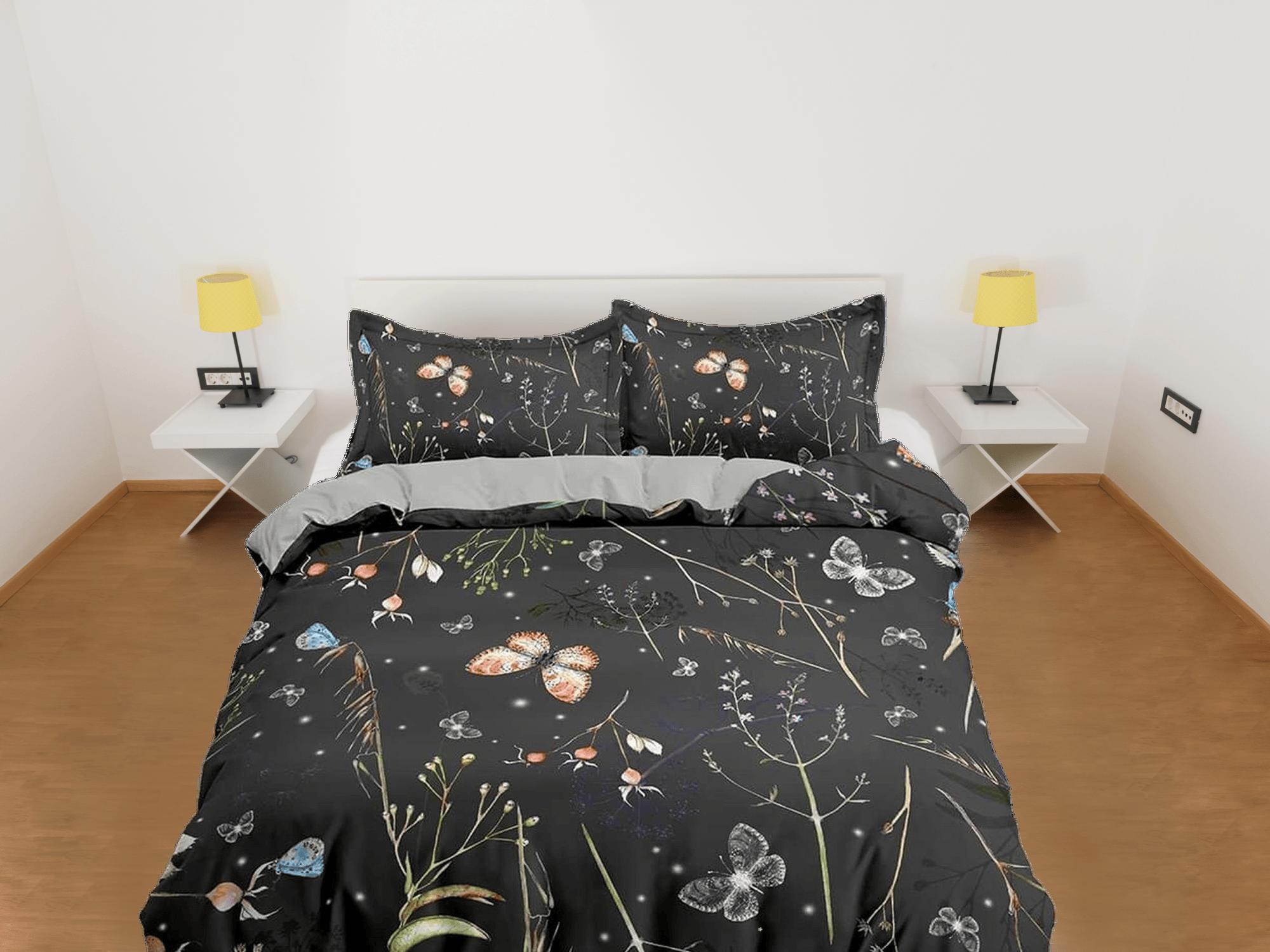 daintyduvet Botanical butterfly bedding black duvet cover colorful dorm bedding, full size adult duvet king queen twin, nursery toddler bedding