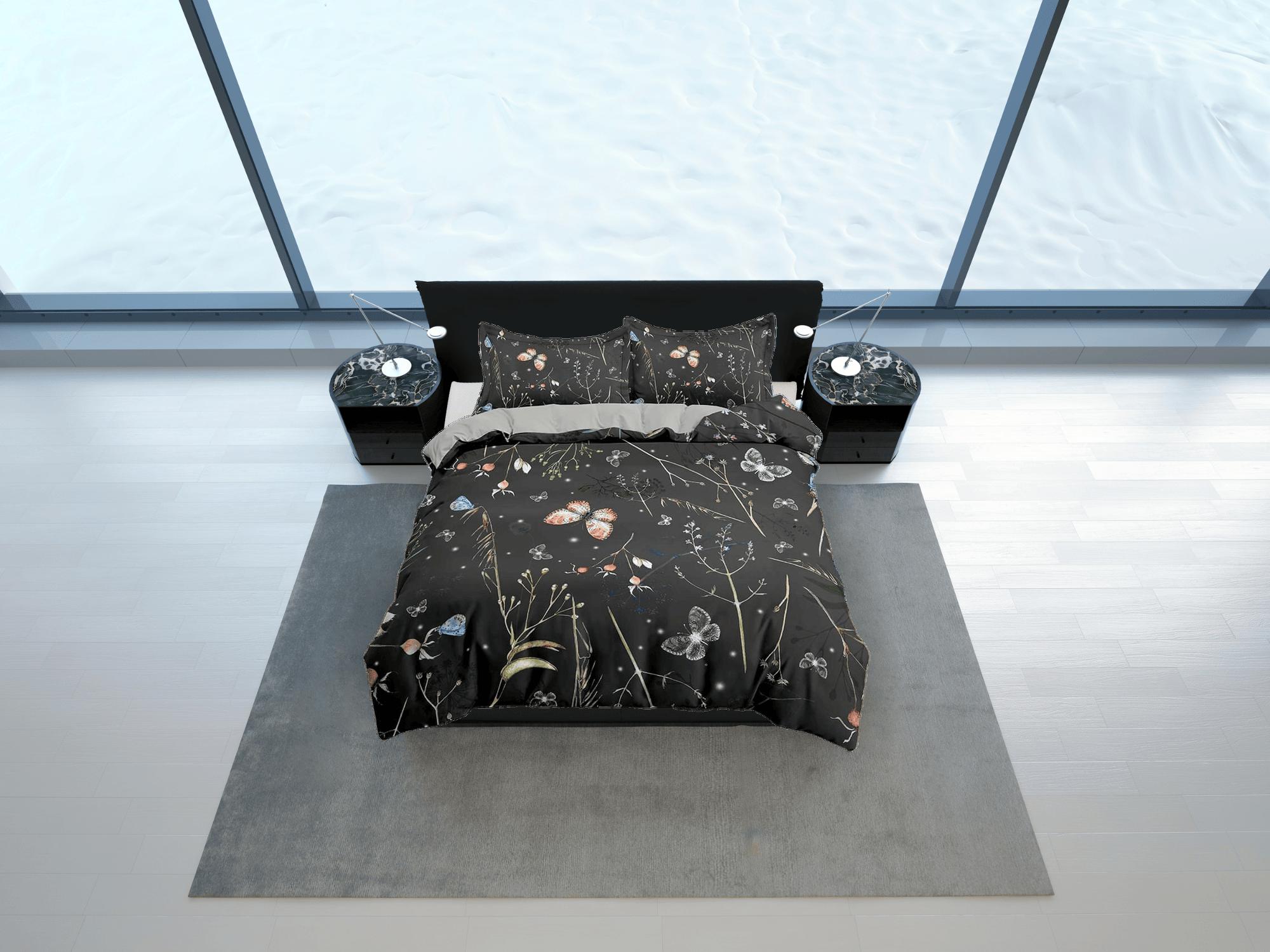 daintyduvet Botanical butterfly bedding black duvet cover colorful dorm bedding, full size adult duvet king queen twin, nursery toddler bedding
