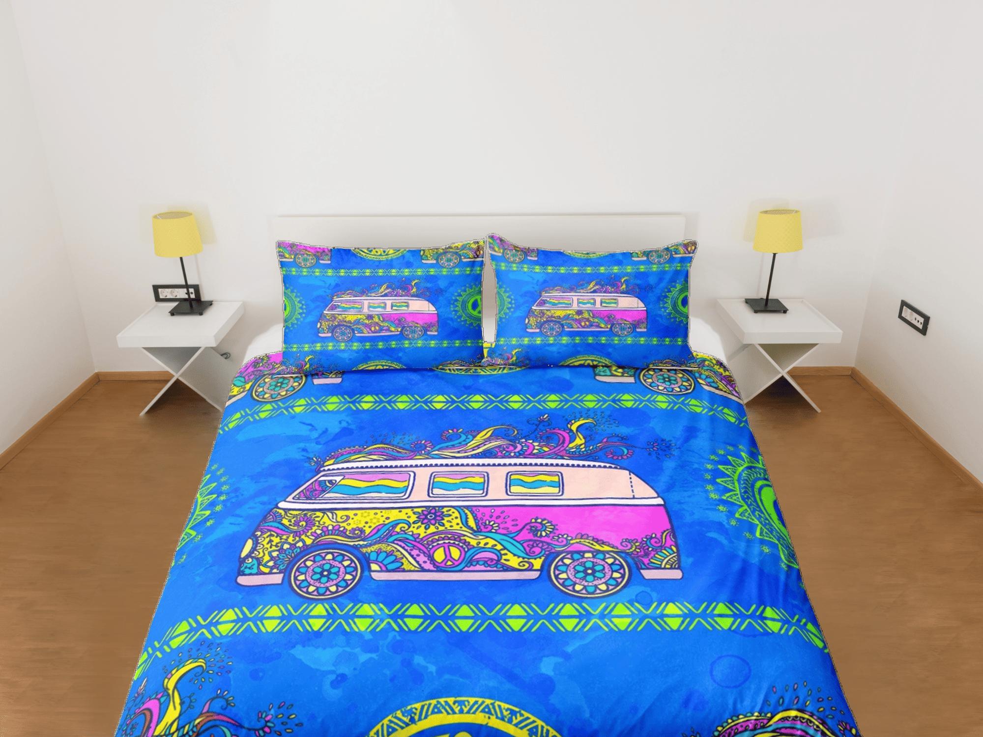 daintyduvet Bright blue 90s nostalgia colorful bus peace hippie bedding, retro duvet cover set, dorm bedding, teens adult duvet cover, maximalist decor