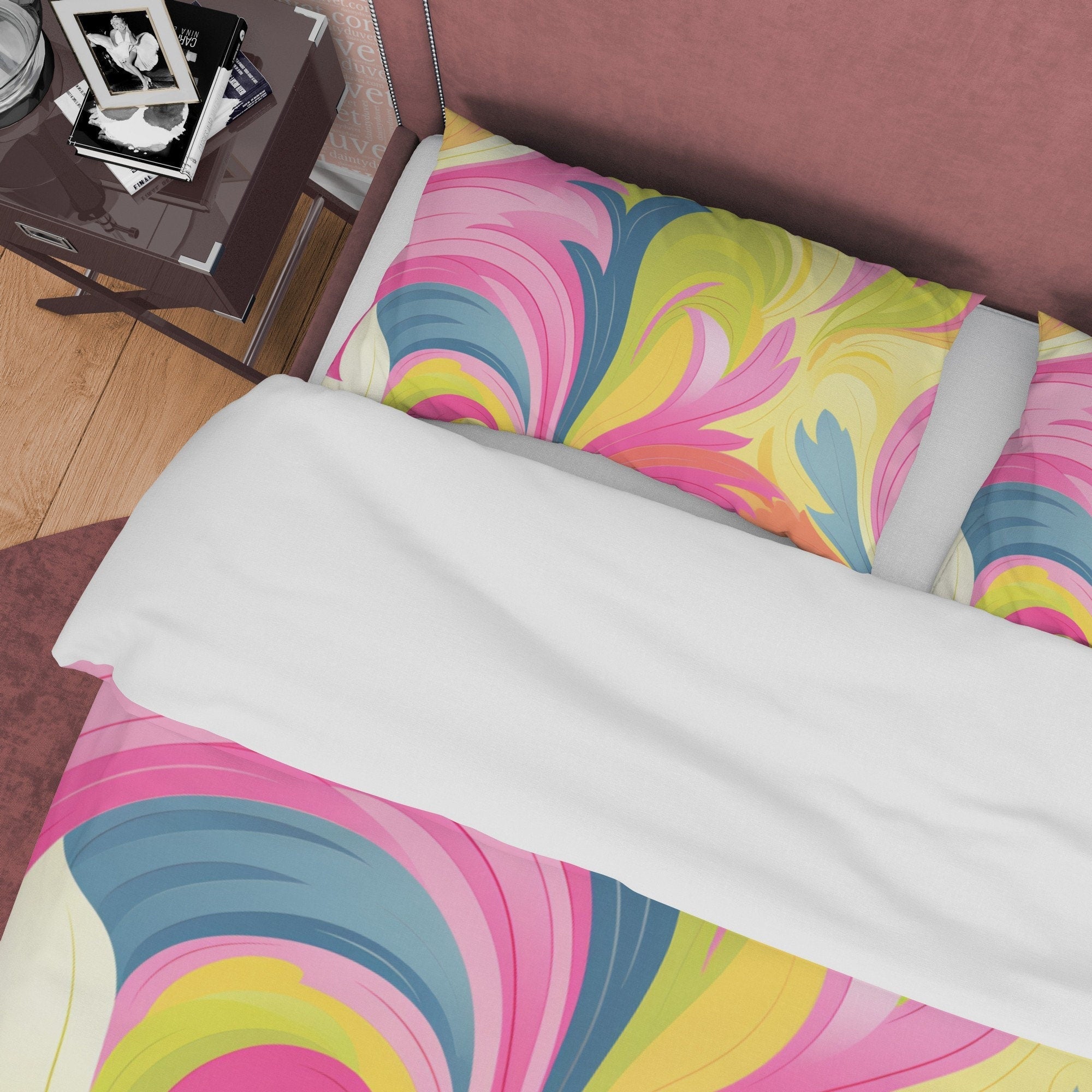 Bright Color Boho Bedding Colorful Duvet Cover Bohemian Bedroom Set, Pink Yellow Floral Quilt Cover, Aesthetic Bedspread, Unique Room Decor