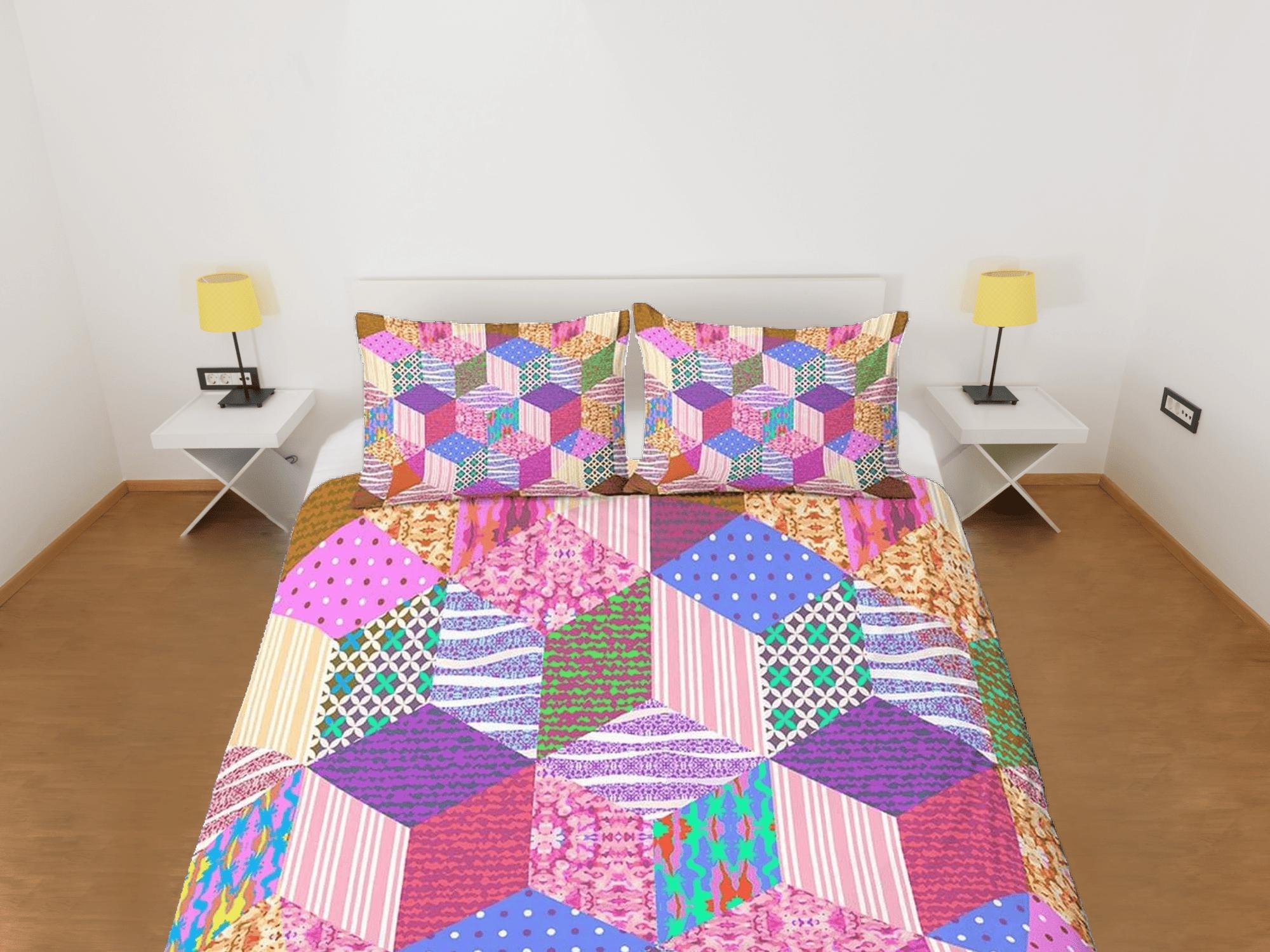 daintyduvet Bright pink patchwork quilt printed duvet cover set, aesthetic room decor bedding set full, king, queen size, boho bedspread shabby chic