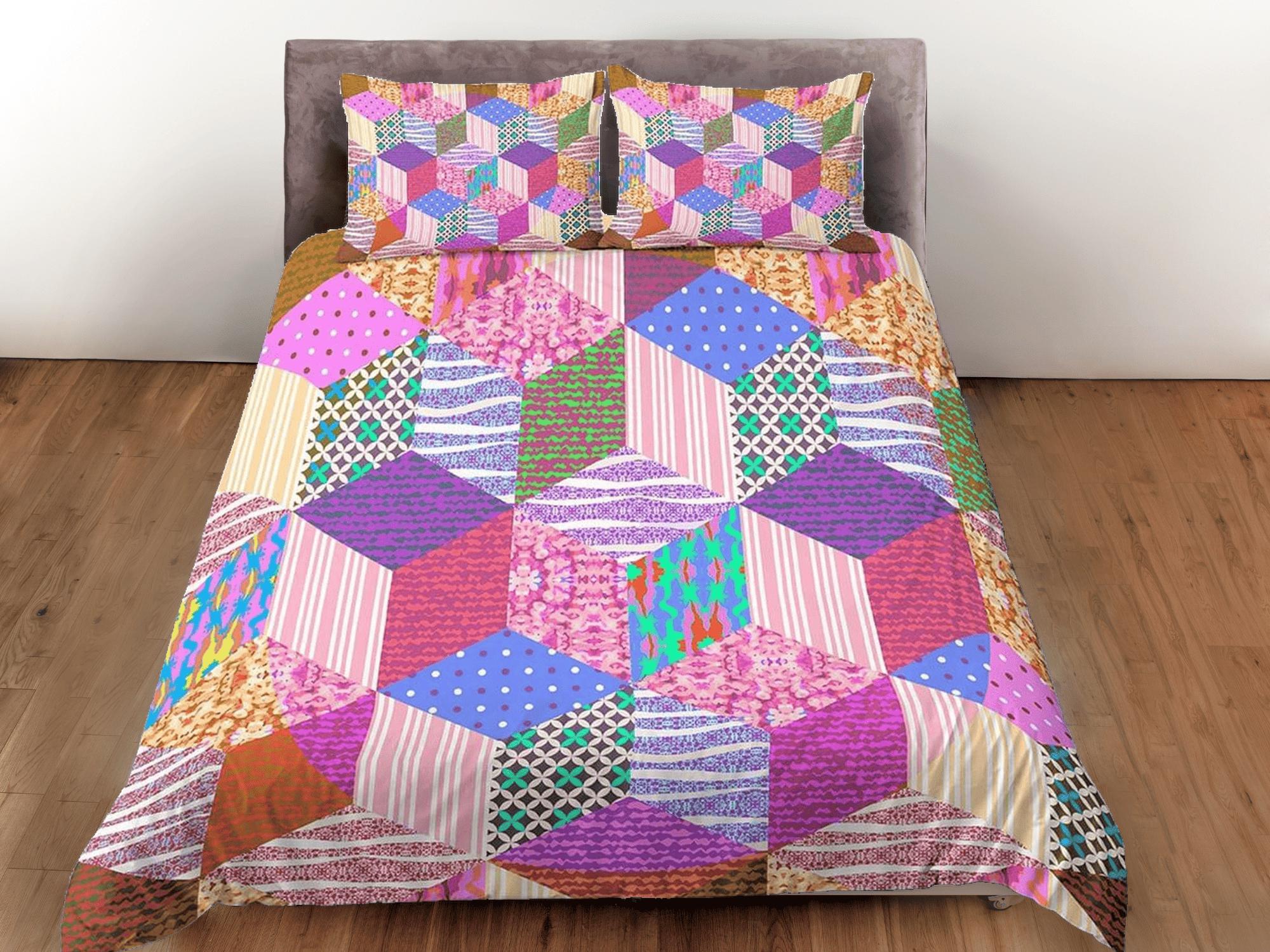 daintyduvet Bright pink patchwork quilt printed duvet cover set, aesthetic room decor bedding set full, king, queen size, boho bedspread shabby chic