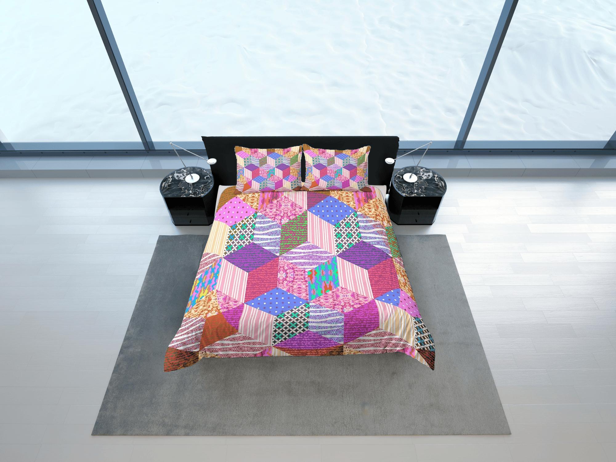 daintyduvet Bright pink patchwork quilt printed duvet cover set, aesthetic room decor bedding set full, king, queen size, boho bedspread shabby chic