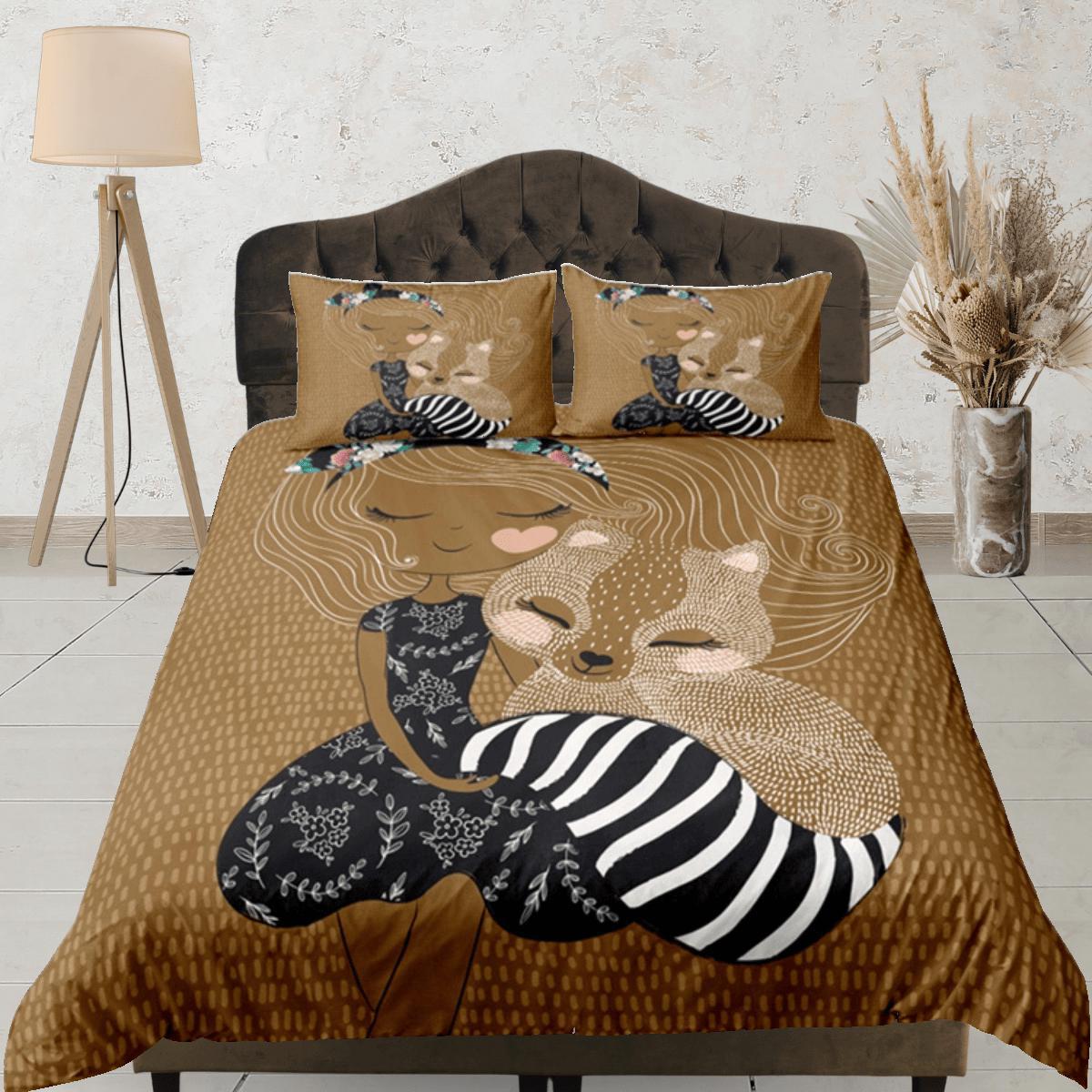 daintyduvet Brown Duvet Cover Set Cute Kids Bedspread, Squirrel Dorm Bedding with Pillowcase