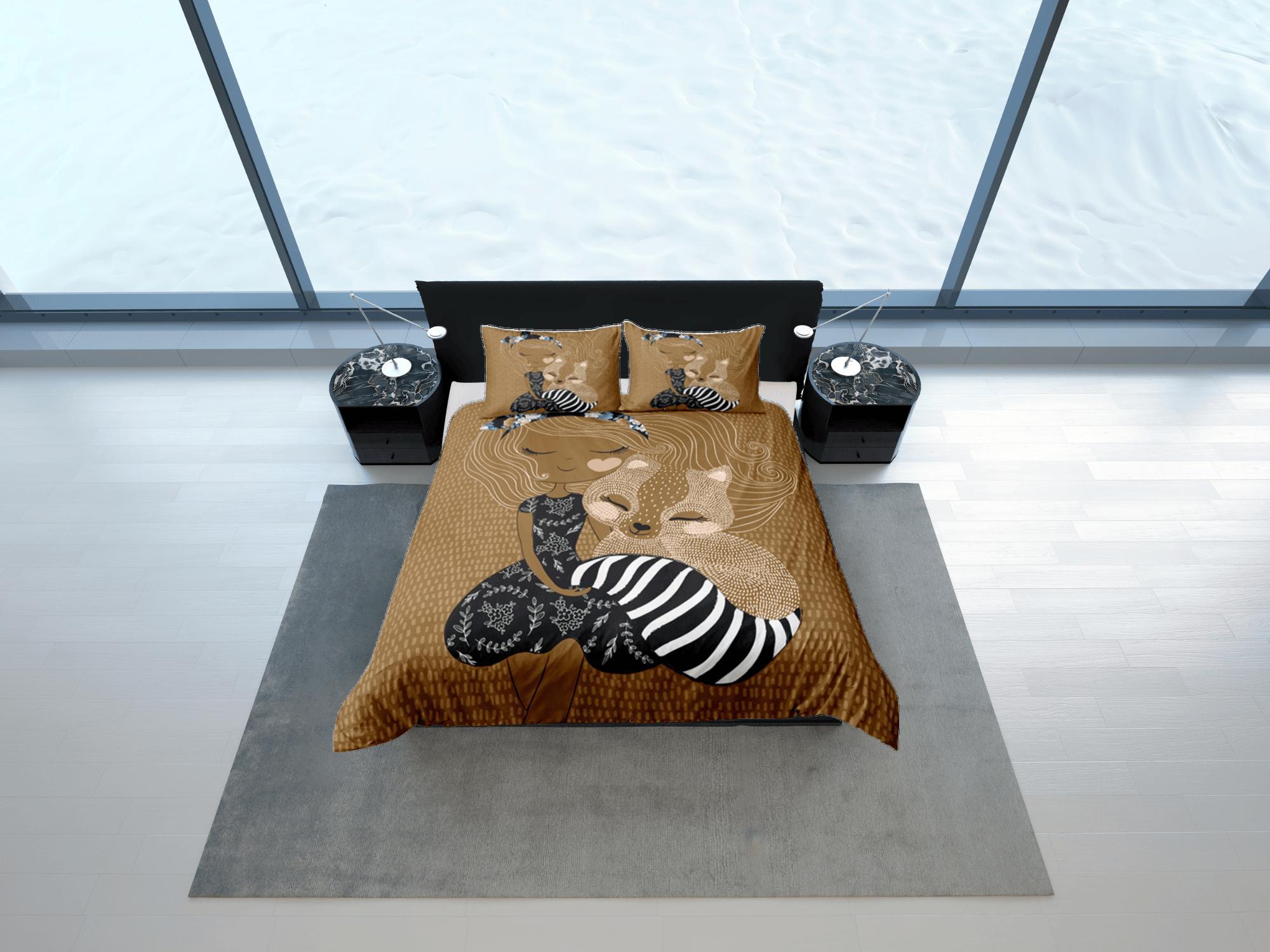 daintyduvet Brown Duvet Cover Set Cute Kids Bedspread, Squirrel Dorm Bedding with Pillowcase