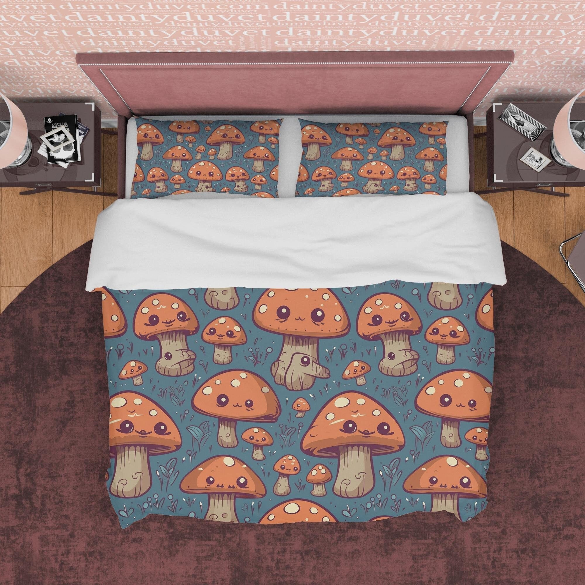 Brown Mushroom Retro Bedding Set, Rustic Duvet Cover, Vintage Plant Quilt Cover, Unique 70's Pattern Bedspread, Zipper Bedding