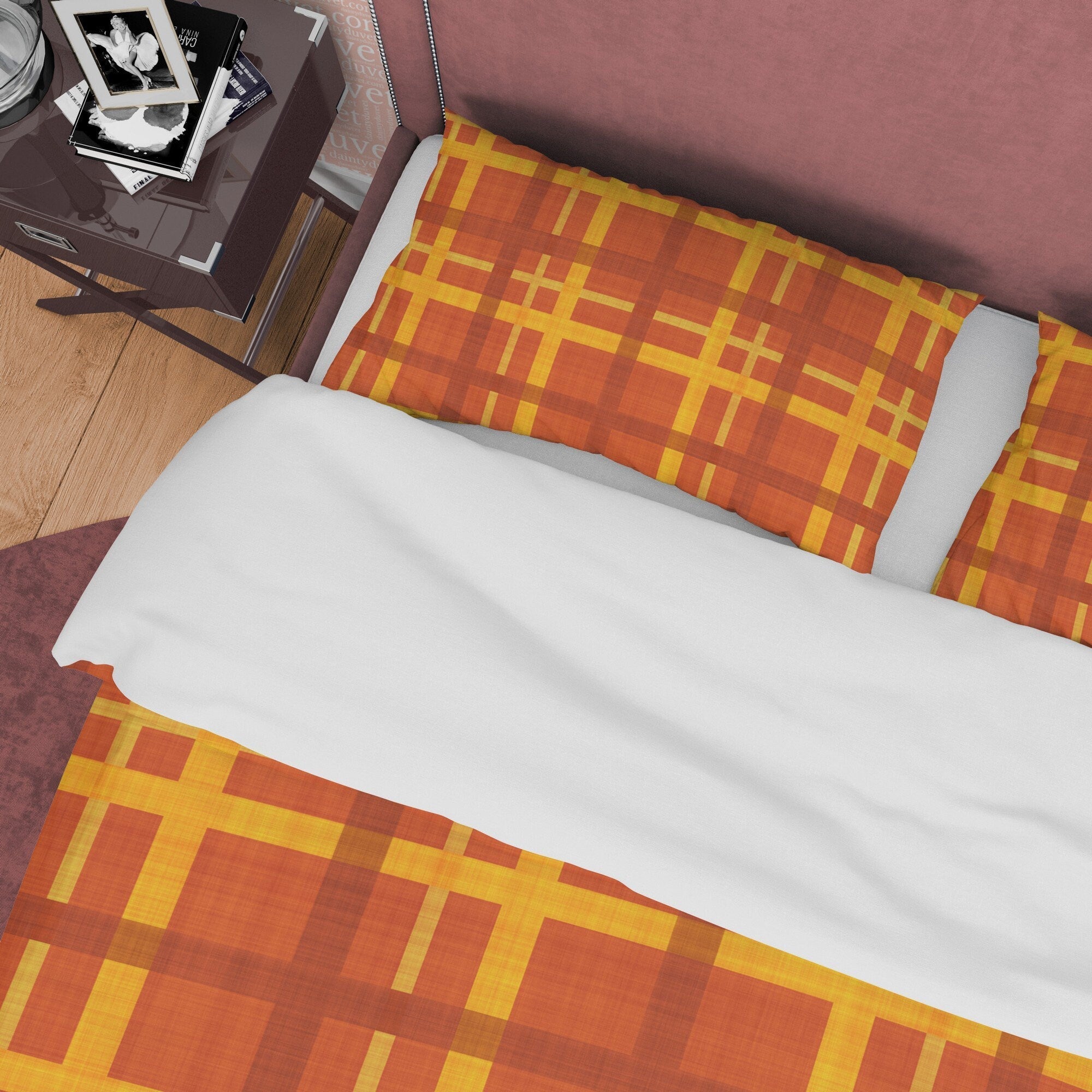 Brown Orange Geometric Plaid Bedding Checkered Duvet Cover, Modern Farmhouse Rustic Bedroom Set, Tartan Quilt Cover, Bedspread Autumn Color