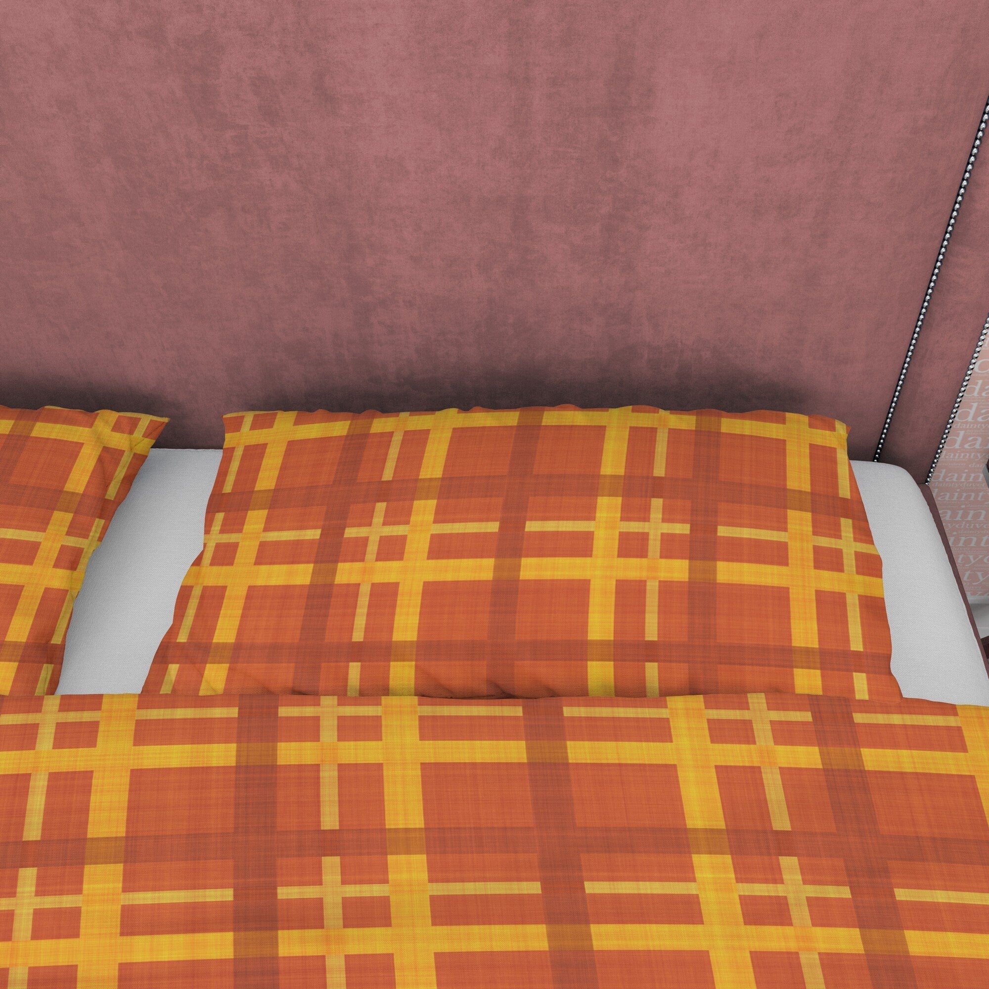 Brown Orange Geometric Plaid Bedding Checkered Duvet Cover, Modern Farmhouse Rustic Bedroom Set, Tartan Quilt Cover, Bedspread Autumn Color