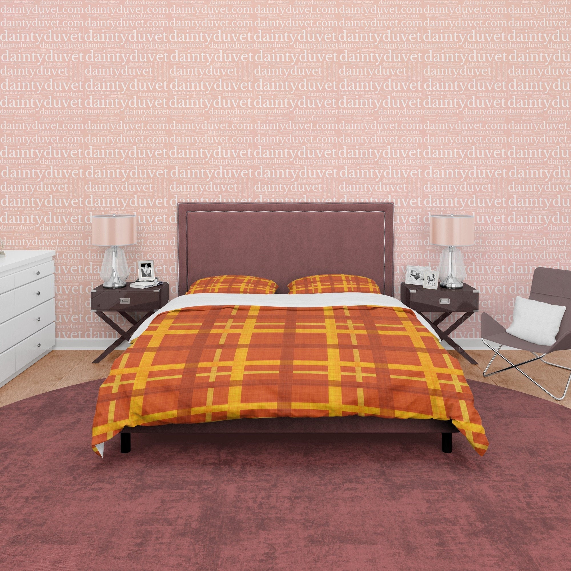 Brown Orange Geometric Plaid Bedding Checkered Duvet Cover, Modern Farmhouse Rustic Bedroom Set, Tartan Quilt Cover, Bedspread Autumn Color