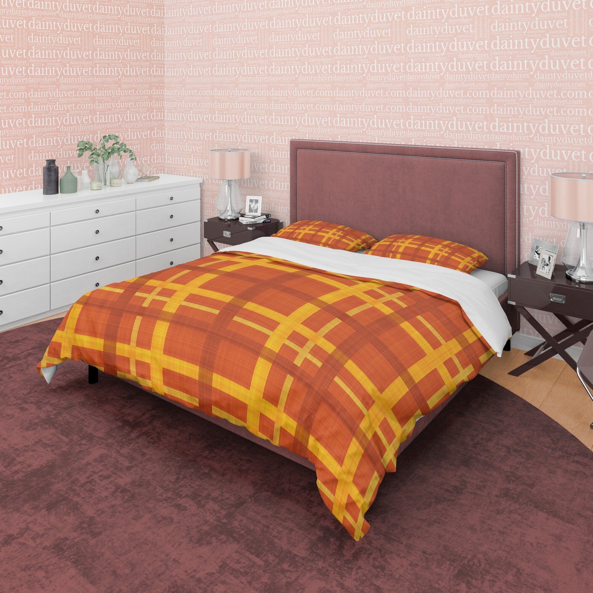 Brown Orange Geometric Plaid Bedding Checkered Duvet Cover, Modern Farmhouse Rustic Bedroom Set, Tartan Quilt Cover, Bedspread Autumn Color