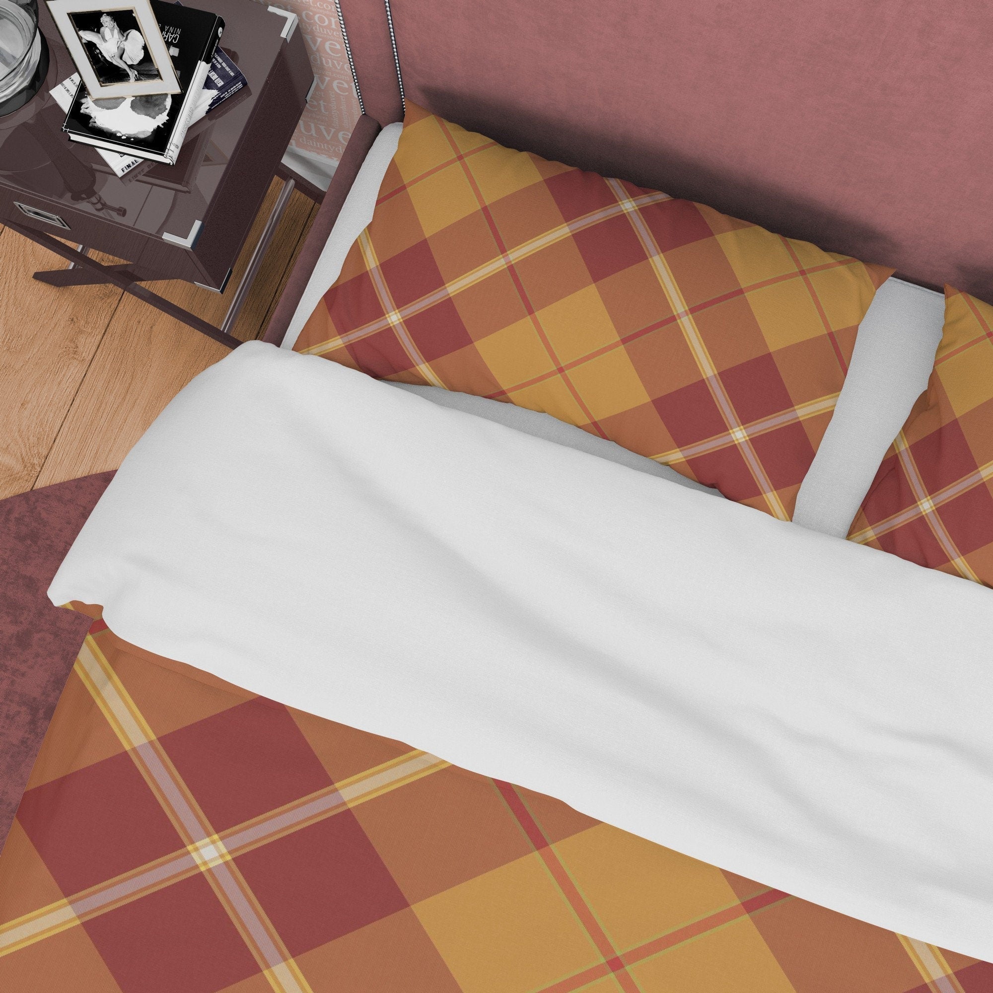 Brown Plaid Bedding Checkered Duvet Cover, Nude Color Tartan Quilt Cover, Modern Farmhouse Blanket Cover Rustic Autumn Ambiance Bedroom Set