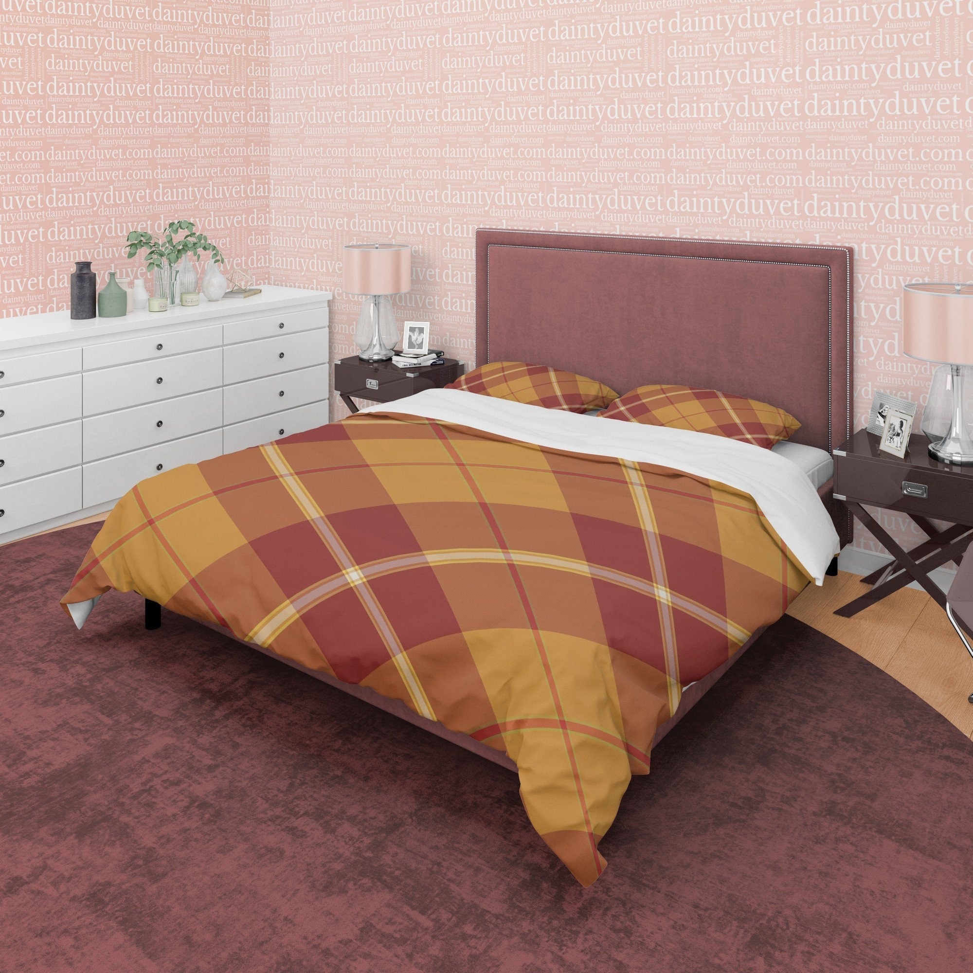 Brown Plaid Bedding Checkered Duvet Cover, Nude Color Tartan Quilt Cover, Modern Farmhouse Blanket Cover Rustic Autumn Ambiance Bedroom Set