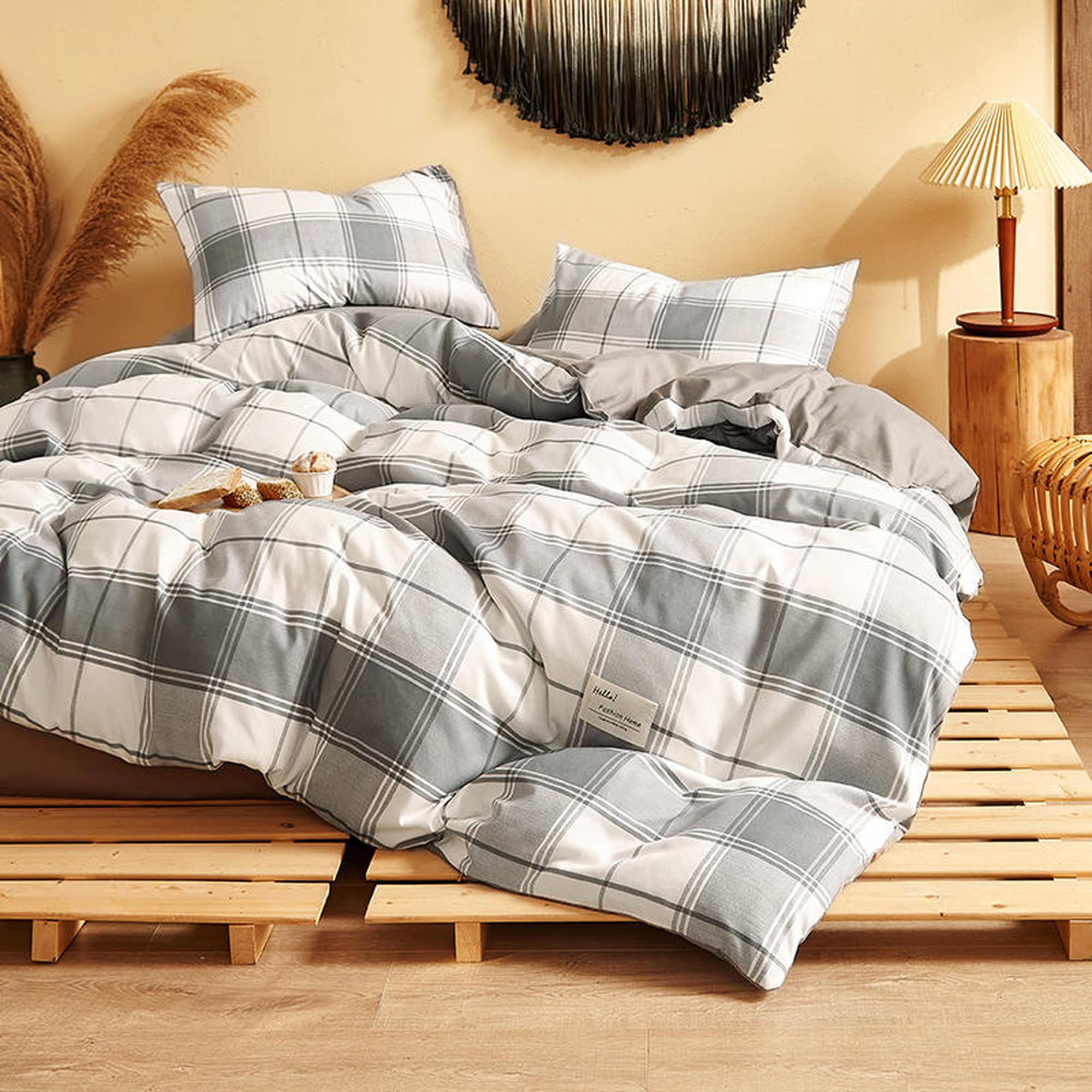 daintyduvet Buffalo Plaid Duvet Cover Set Ash Grey Plaid Bedding Set Mattress Cover Checkered Pastel Bedding