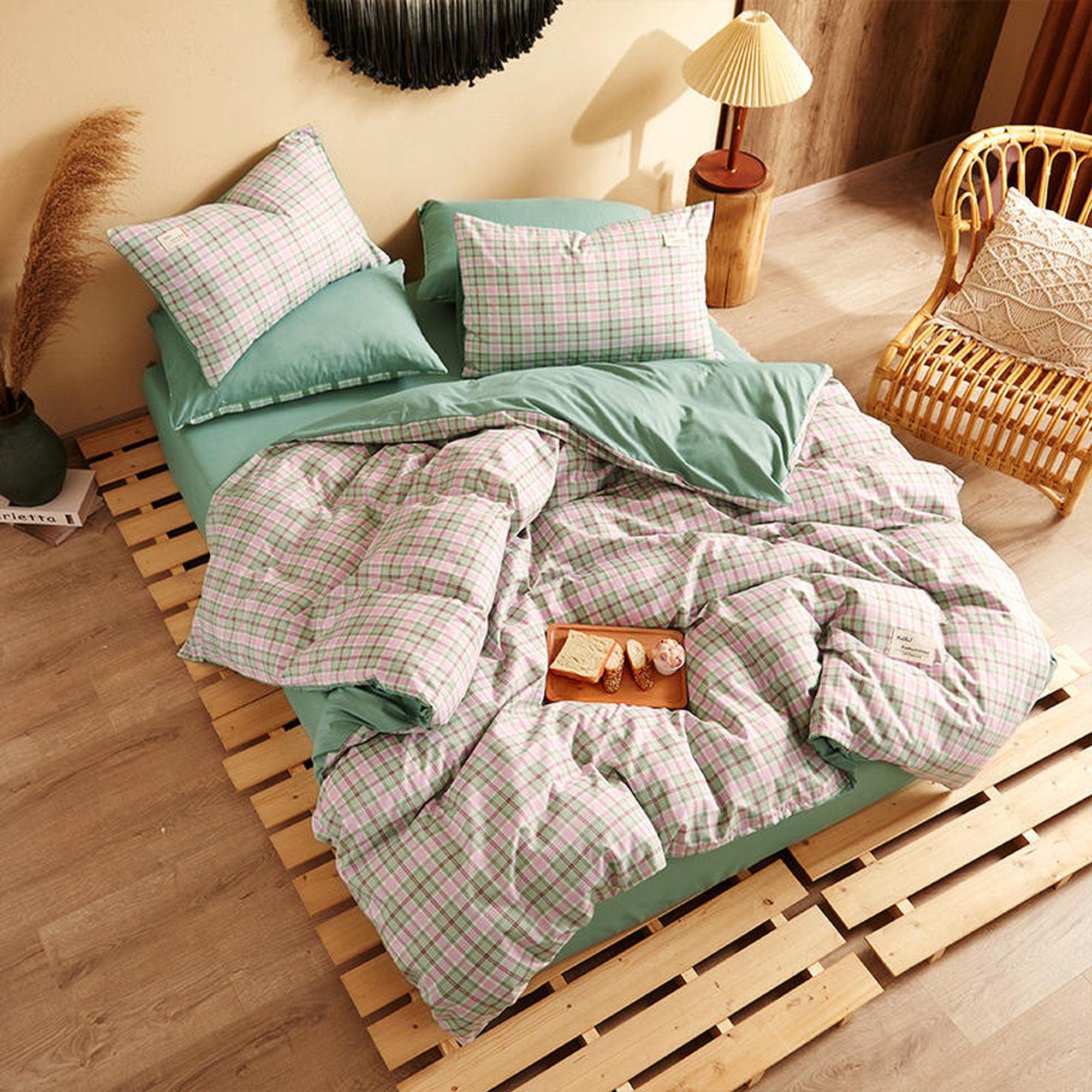 daintyduvet Buffalo Plaid Duvet Cover Set Green Pink Plaid Bedding Set Mattress Cover Checkered Pastel Bedding