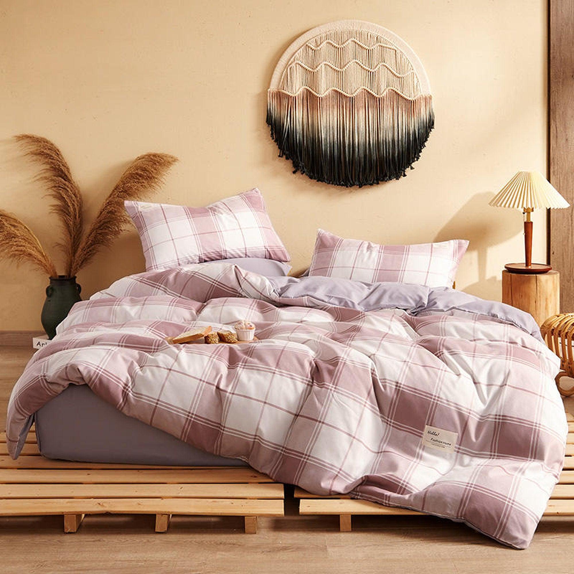 daintyduvet Buffalo Plaid Duvet Cover Set Maroon Plaid Bedding Set Mattress Cover Checkered Pastel Bedding
