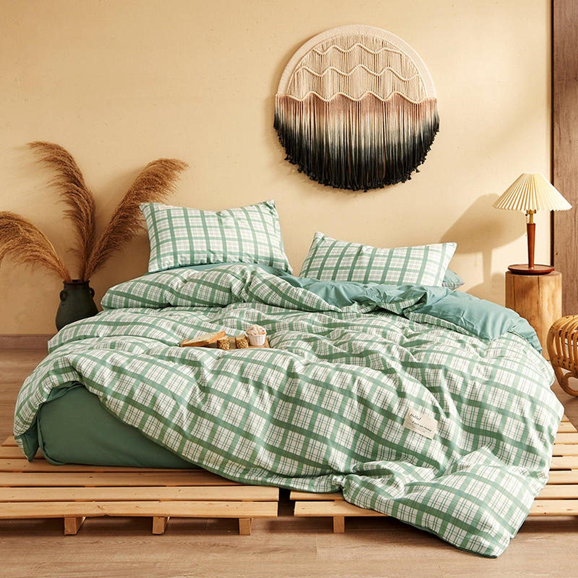 daintyduvet Buffalo Plaid Duvet Cover Set Mint Green Plaid Bedding Set Mattress Cover Checkered Pastel Bedding