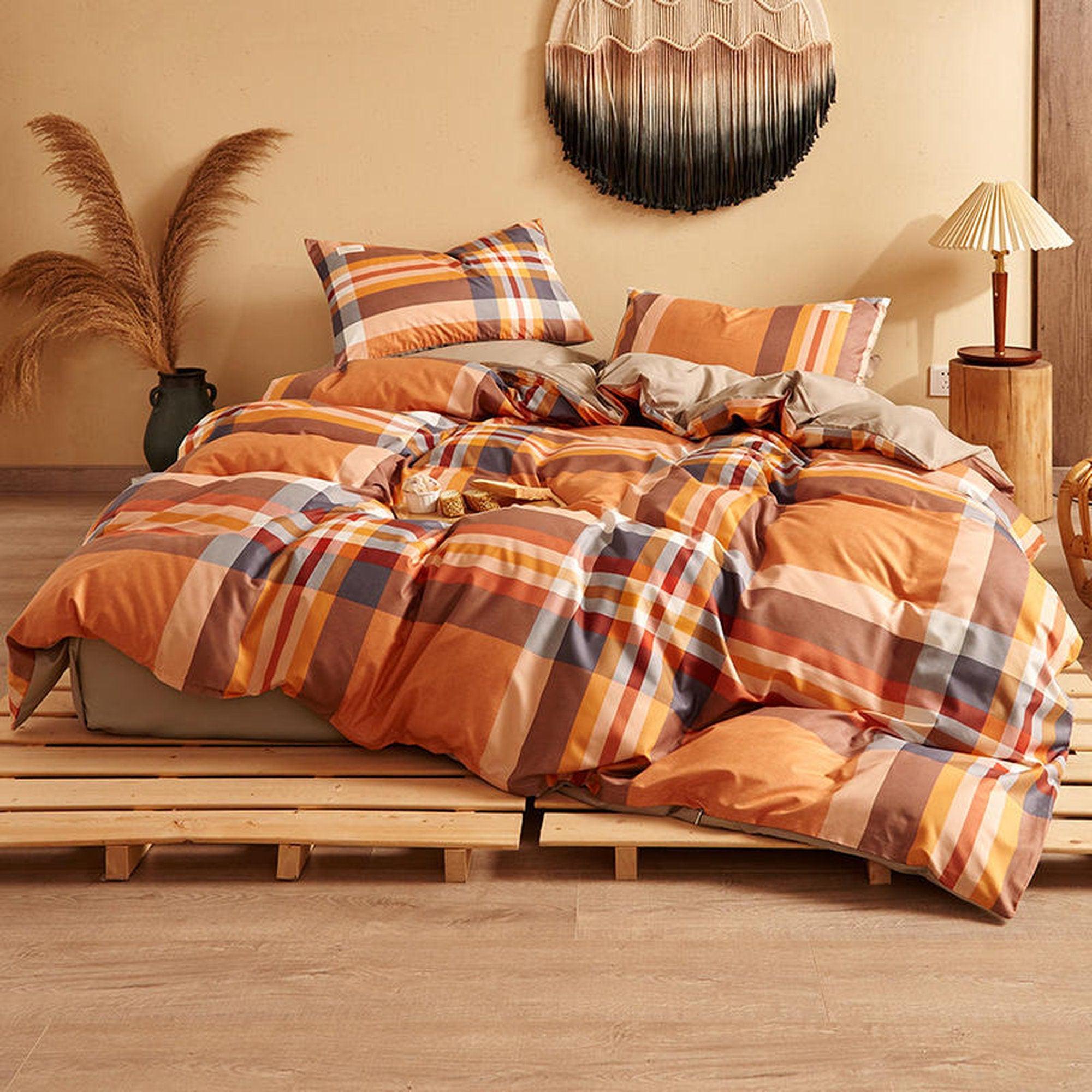 daintyduvet Buffalo Plaid Duvet Cover Set Orange Plaid Bedding Set Mattress Cover Checkered Pastel Bedding