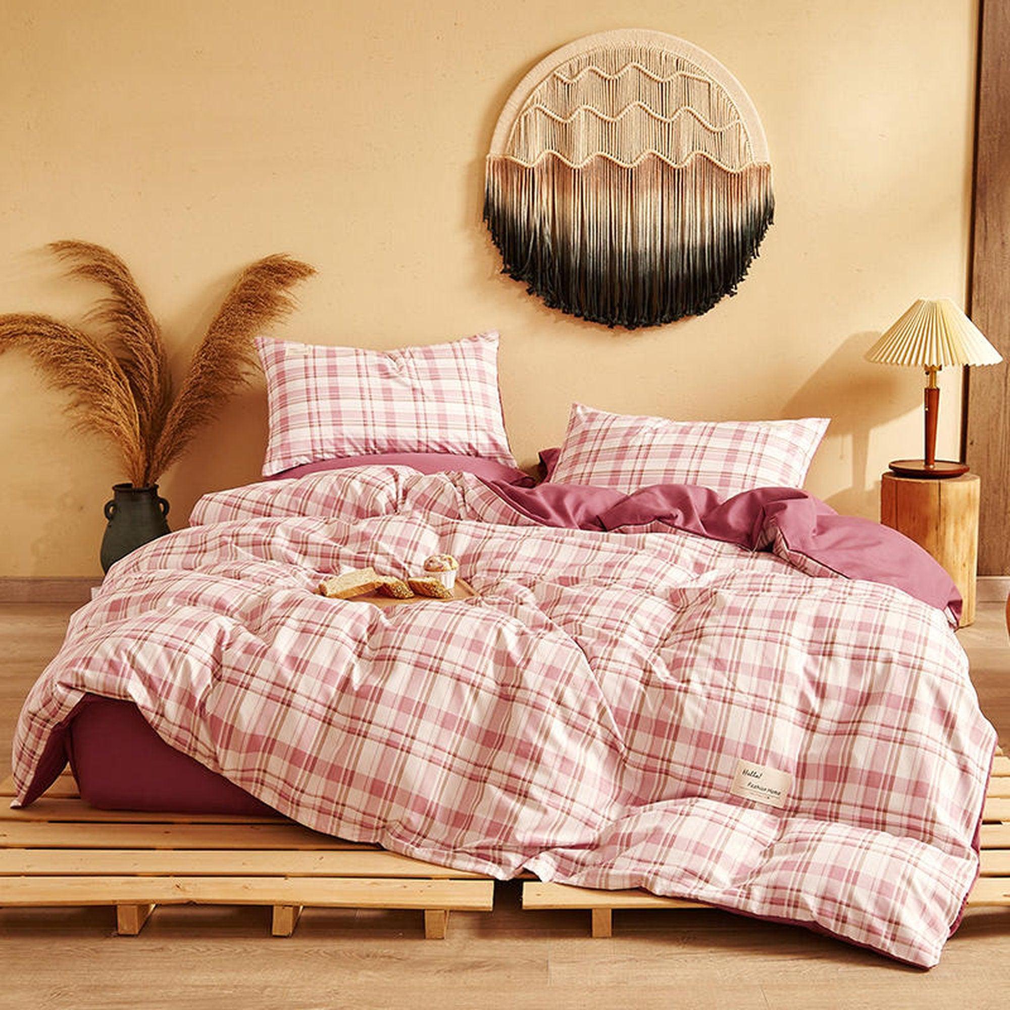 daintyduvet Buffalo Plaid Duvet Cover Set Pink Plaid Bedding Set Mattress Cover Checkered Pastel Bedding