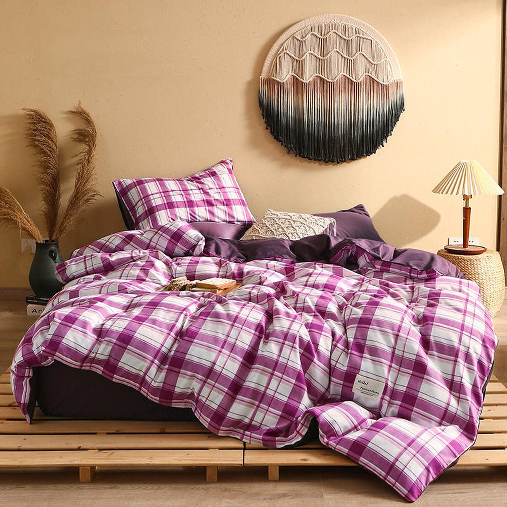 daintyduvet Buffalo Plaid Duvet Cover Set Purple Plaid Bedding Set Mattress Cover Checkered Pastel Bedding