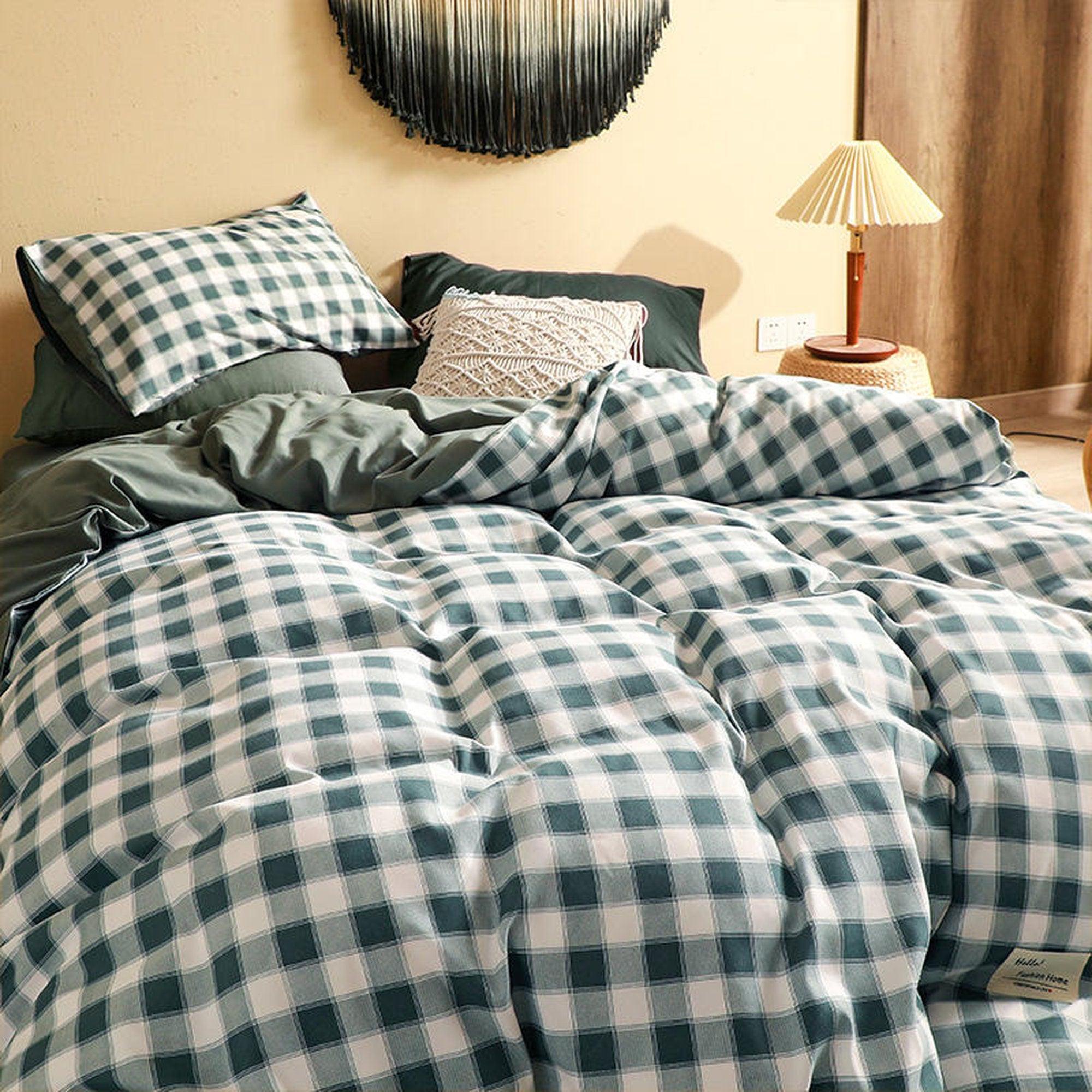daintyduvet Buffalo Plaid Duvet Cover Set Sage Green Plaid Bedding Set Mattress Cover Checkered Pastel Bedding