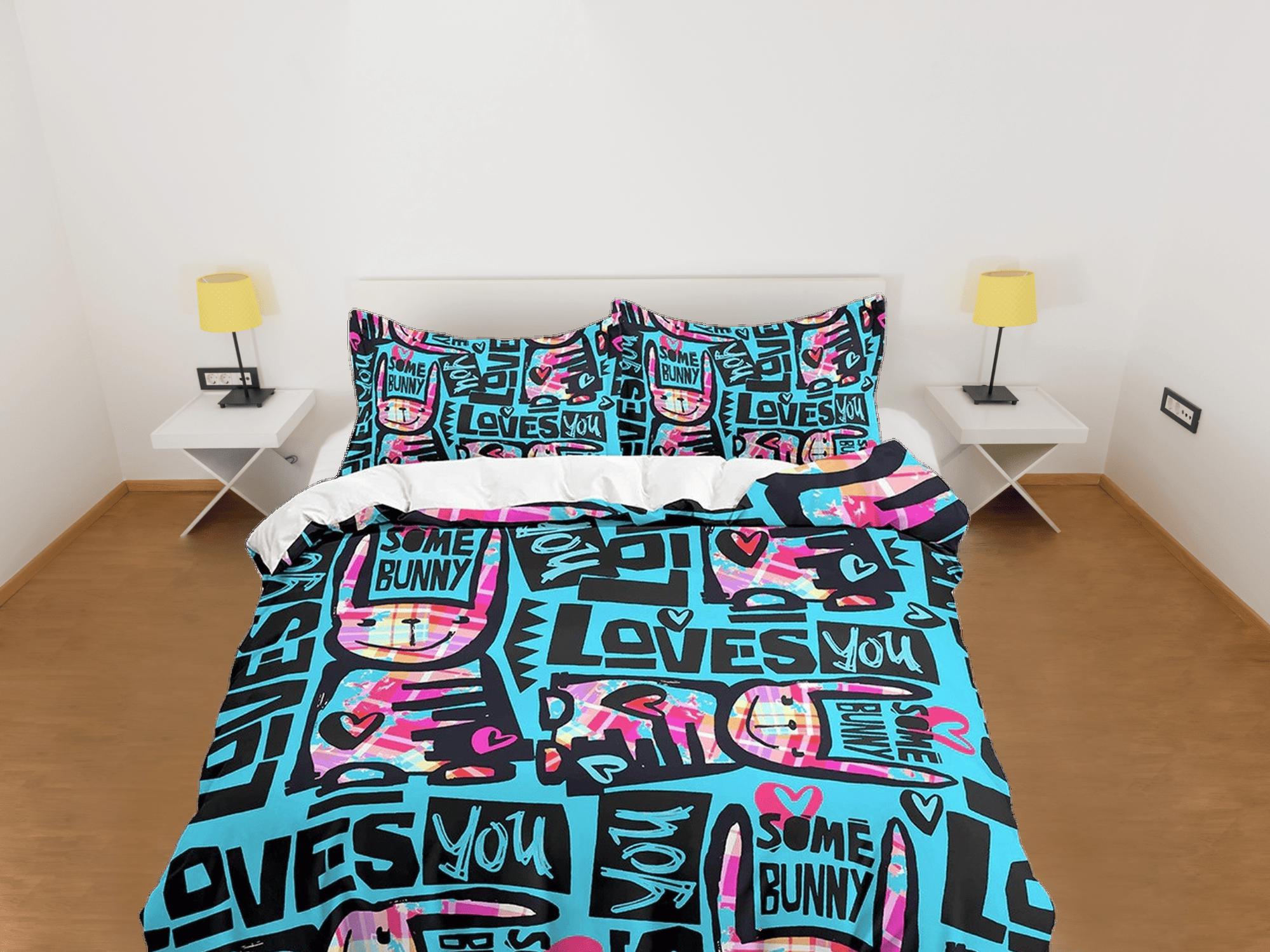 daintyduvet Bunny Loves You Funky Design Bedding, Unique Duvet Cover, Neon Bedding with Pillowcase, Zipper Bedding, King Queen Full Twin