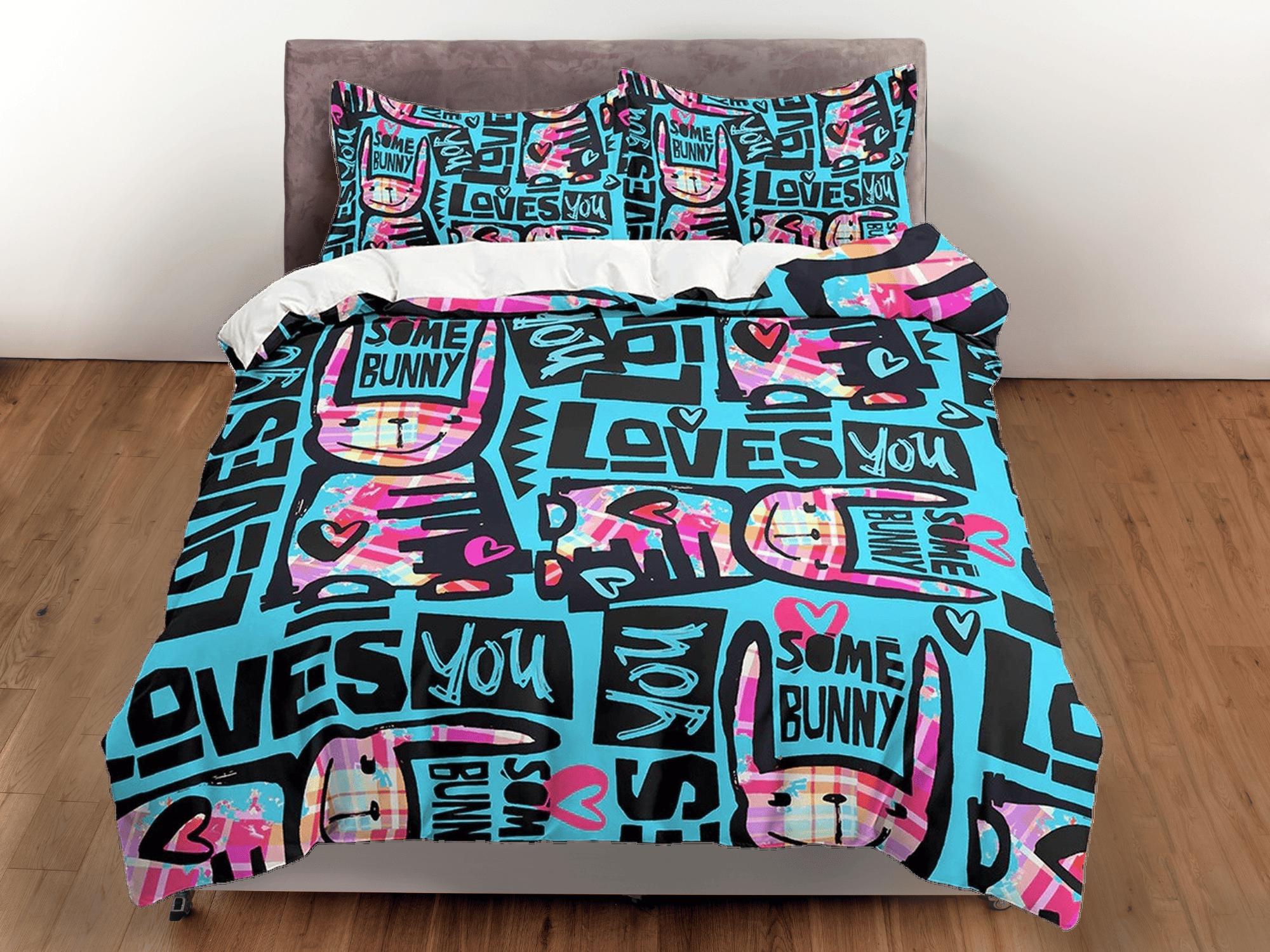 daintyduvet Bunny Loves You Funky Design Bedding, Unique Duvet Cover, Neon Bedding with Pillowcase, Zipper Bedding, King Queen Full Twin