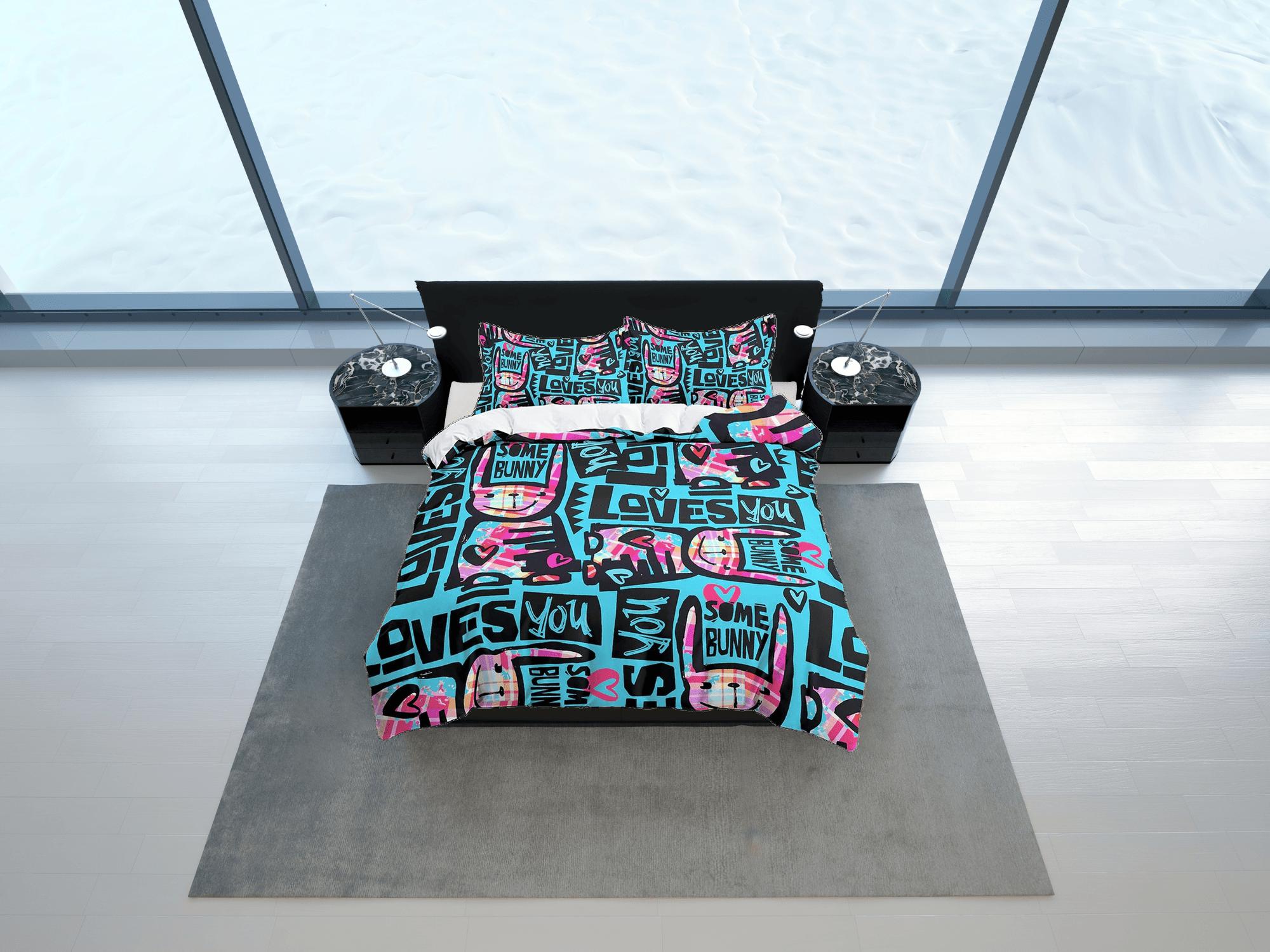 daintyduvet Bunny Loves You Funky Design Bedding, Unique Duvet Cover, Neon Bedding with Pillowcase, Zipper Bedding, King Queen Full Twin