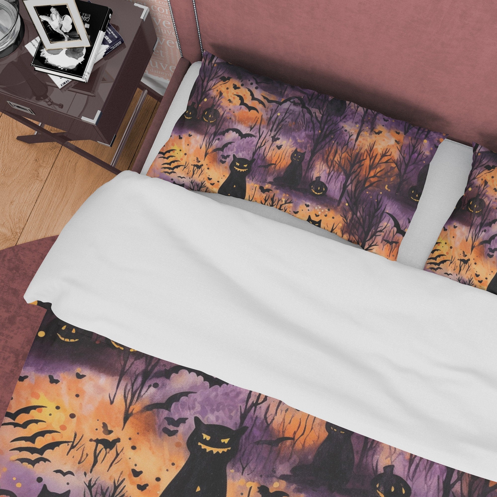 Burnt Forest Duvet Cover Set, Scary Cat Quilt Cover, Autumn Bedding, Halloween Decor, Spooky Bedding, Fall Bedding Set, Cotton Bedspread