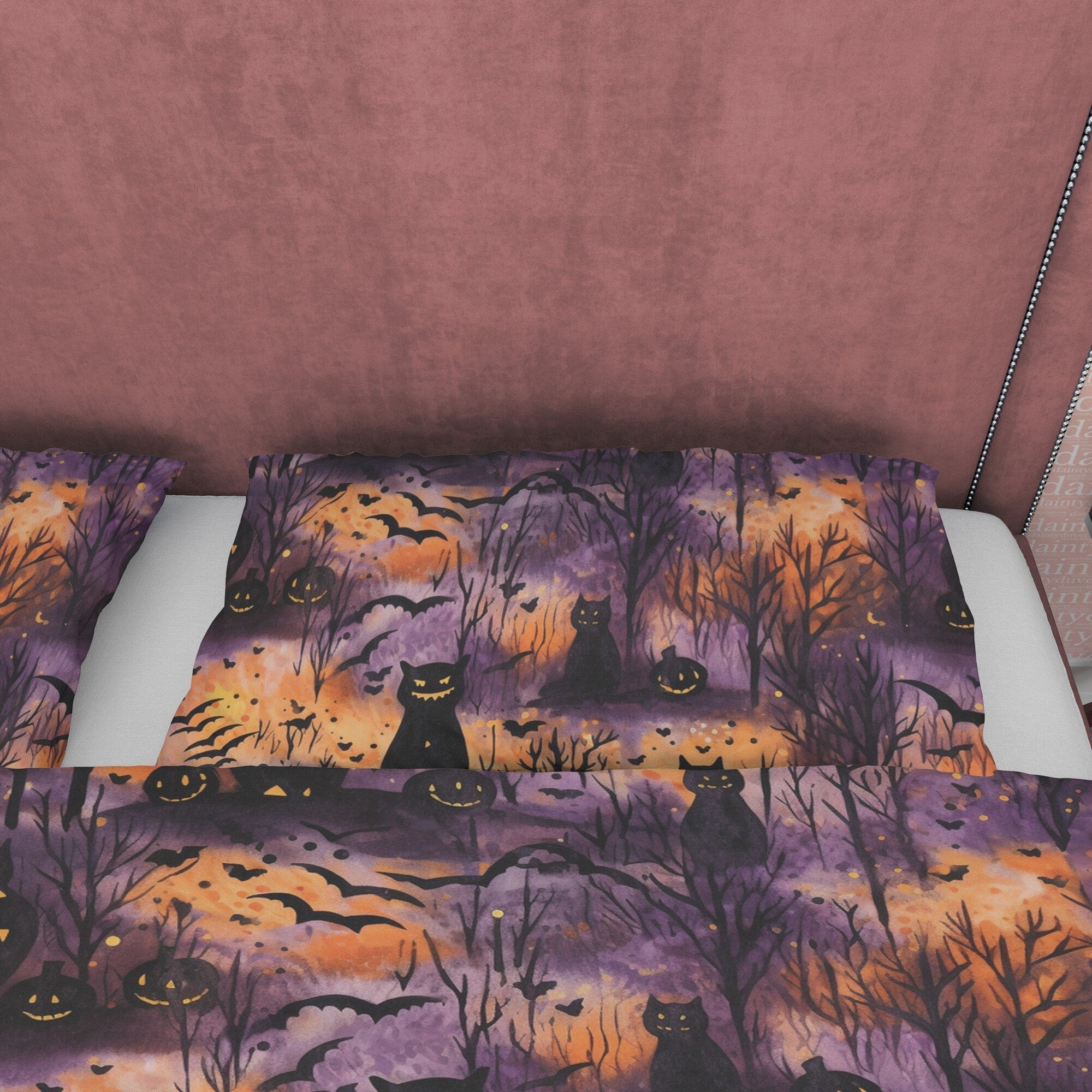 Burnt Forest Duvet Cover Set, Scary Cat Quilt Cover, Autumn Bedding, Halloween Decor, Spooky Bedding, Fall Bedding Set, Cotton Bedspread