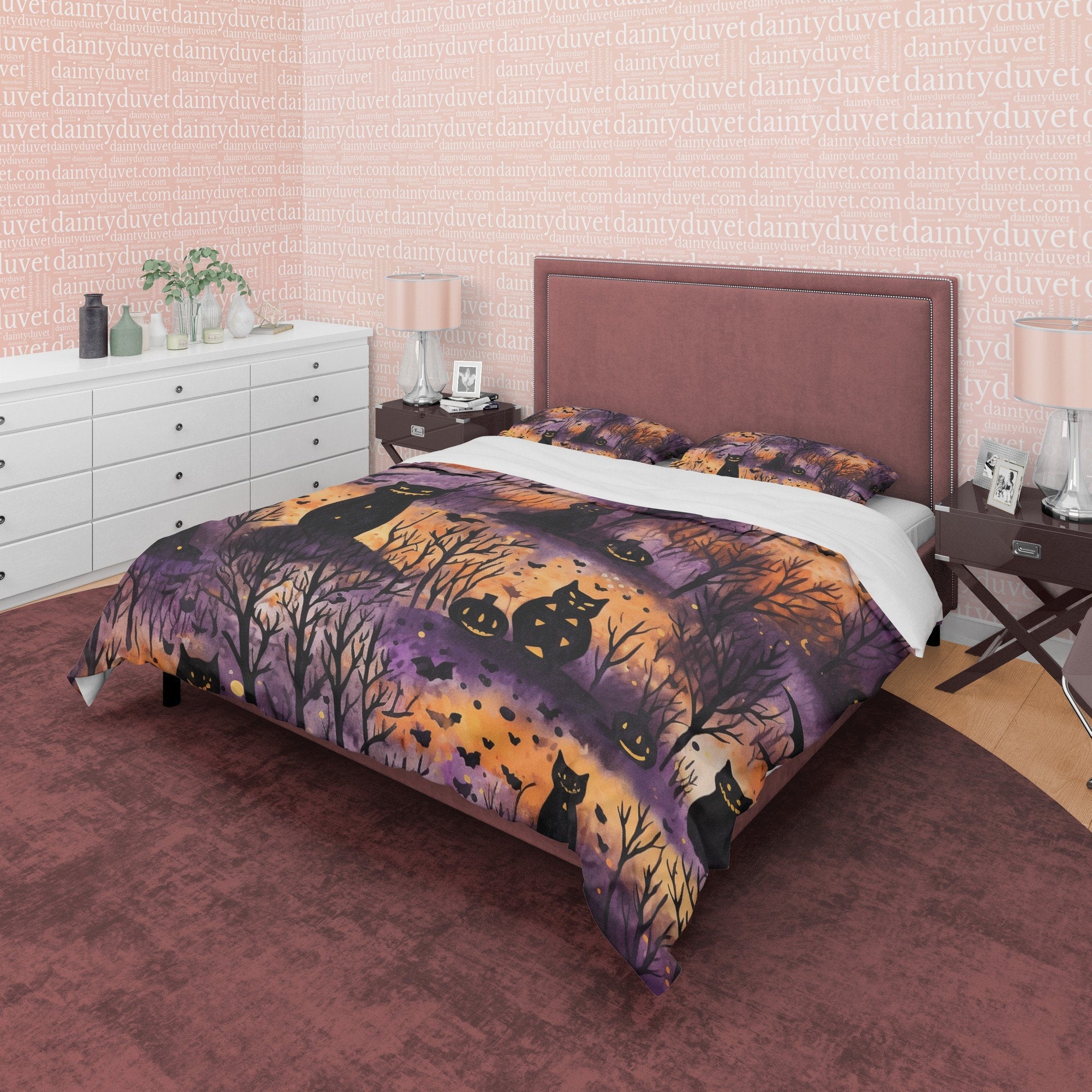 Burnt Forest Duvet Cover Set, Scary Cat Quilt Cover, Autumn Bedding, Halloween Decor, Spooky Bedding, Fall Bedding Set, Cotton Bedspread