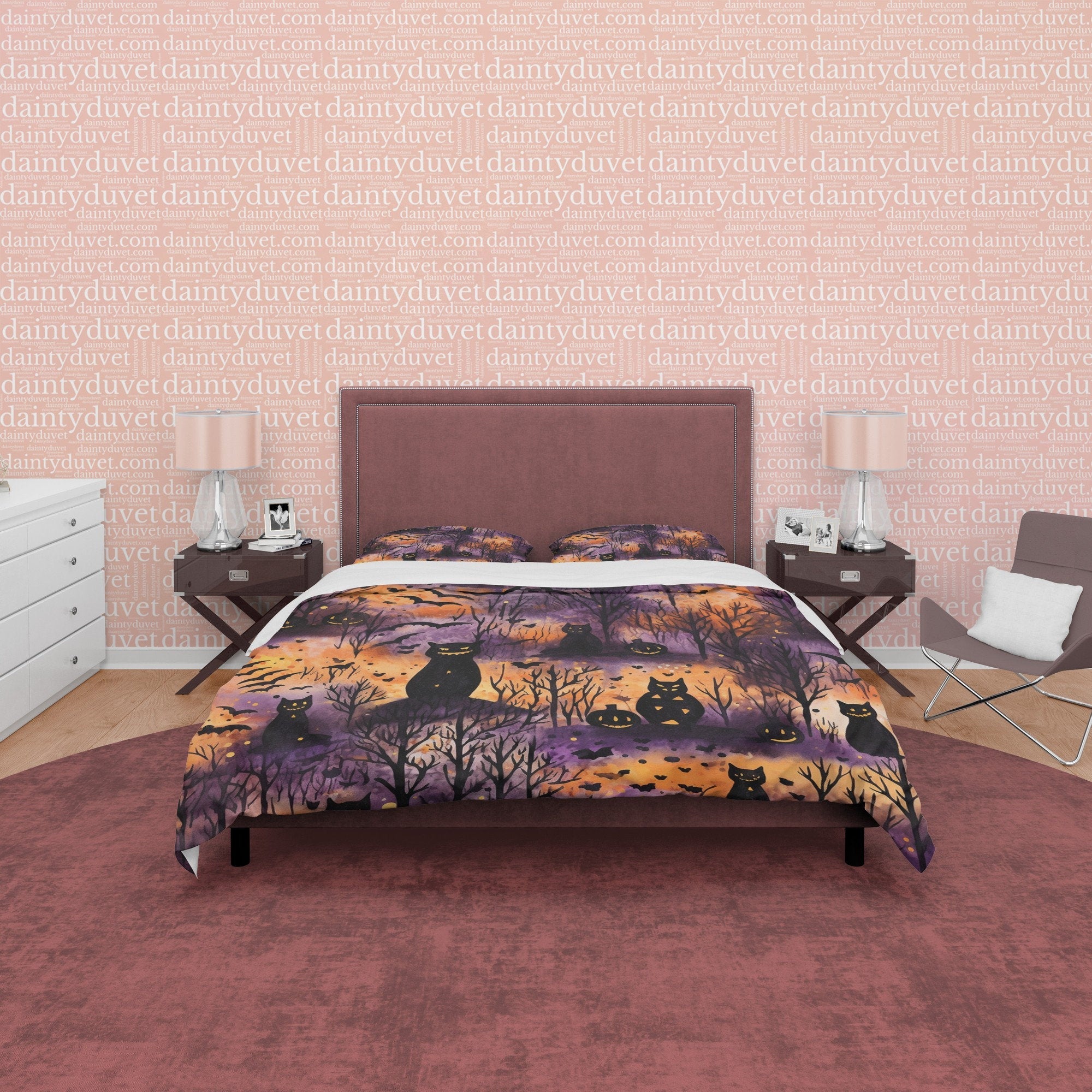 Burnt Forest Duvet Cover Set, Scary Cat Quilt Cover, Autumn Bedding, Halloween Decor, Spooky Bedding, Fall Bedding Set, Cotton Bedspread