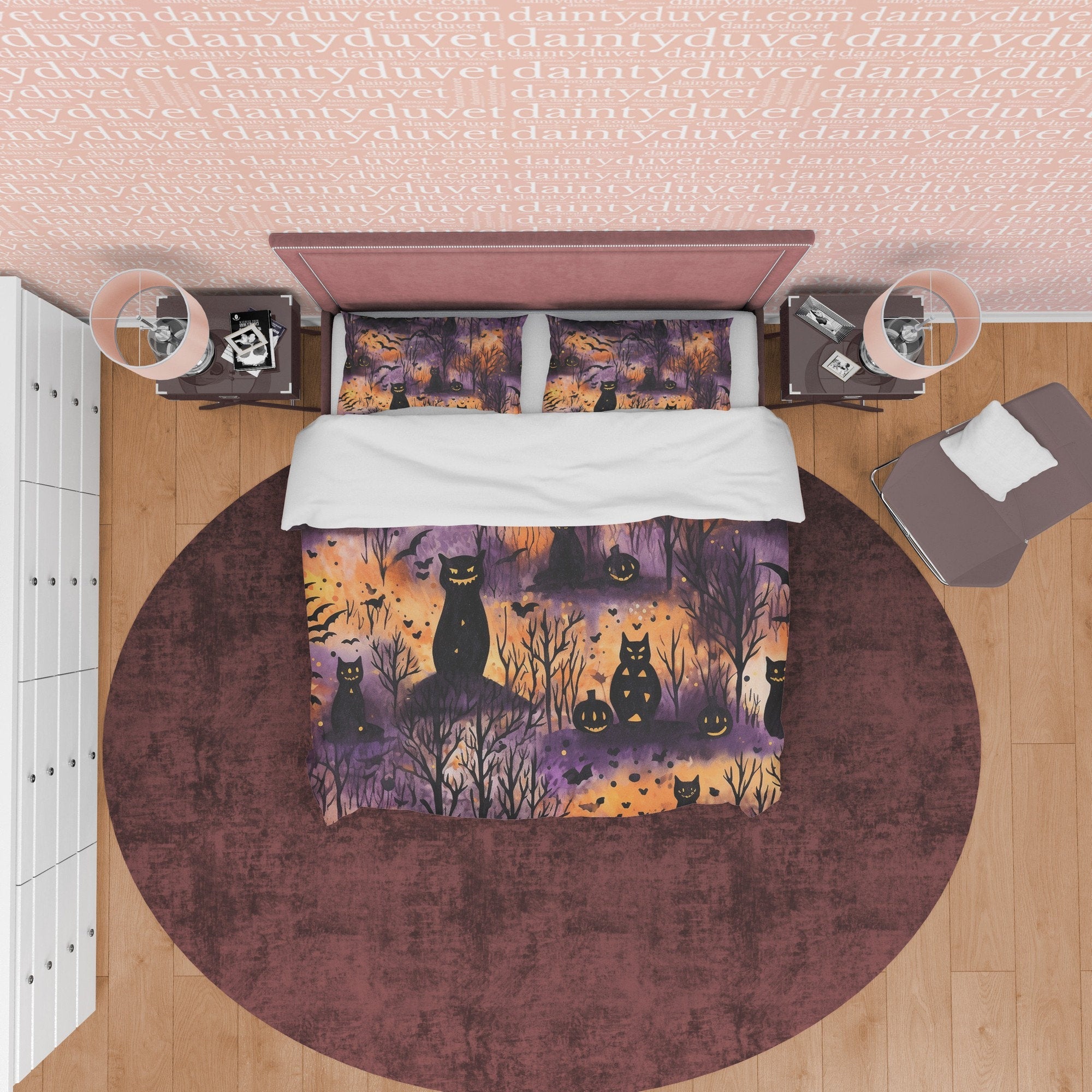 Burnt Forest Duvet Cover Set, Scary Cat Quilt Cover, Autumn Bedding, Halloween Decor, Spooky Bedding, Fall Bedding Set, Cotton Bedspread