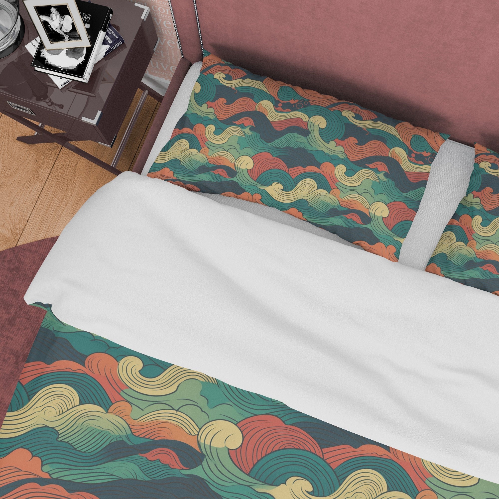 Camouflage Retro Bedding Set, Wavy Cotton Duvet Cover, Abstract Quilt Cover, Colorful Bedspread, 70s Nostalgia Bed Cover, Zipper Bedding