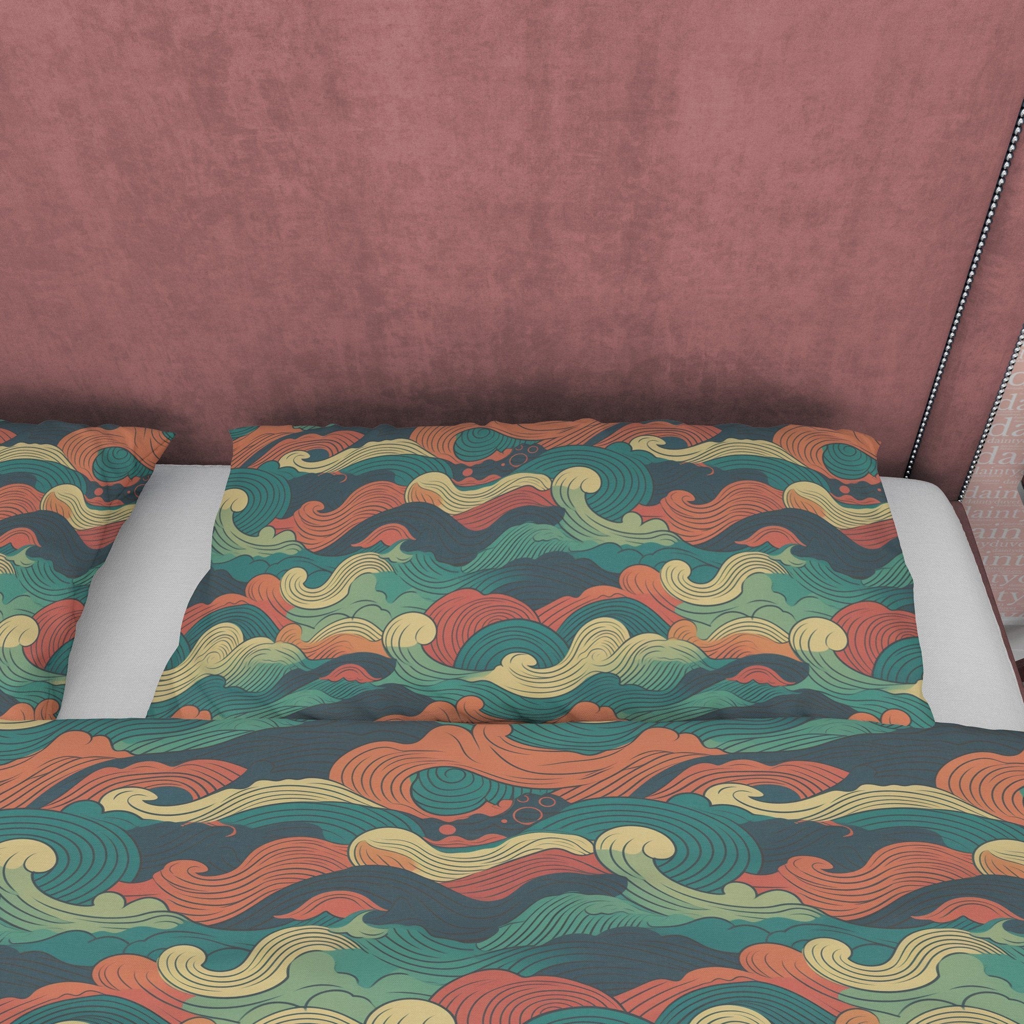 Camouflage Retro Bedding Set, Wavy Cotton Duvet Cover, Abstract Quilt Cover, Colorful Bedspread, 70s Nostalgia Bed Cover, Zipper Bedding