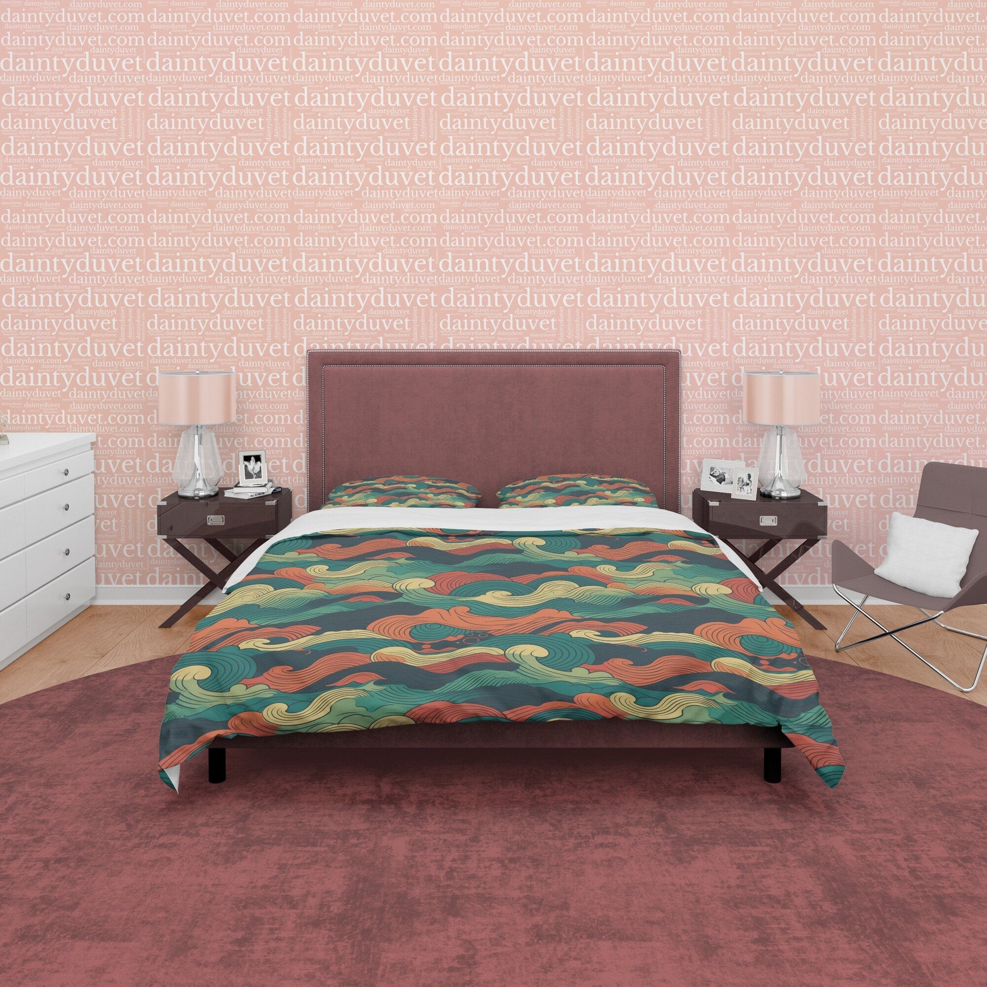 Camouflage Retro Bedding Set, Wavy Cotton Duvet Cover, Abstract Quilt Cover, Colorful Bedspread, 70s Nostalgia Bed Cover, Zipper Bedding