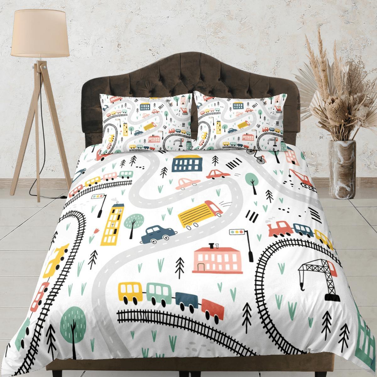 daintyduvet Cars Roads Train Rails Kids Duvet Cover Set Bedspread, Boys Bedding with Pillowcase